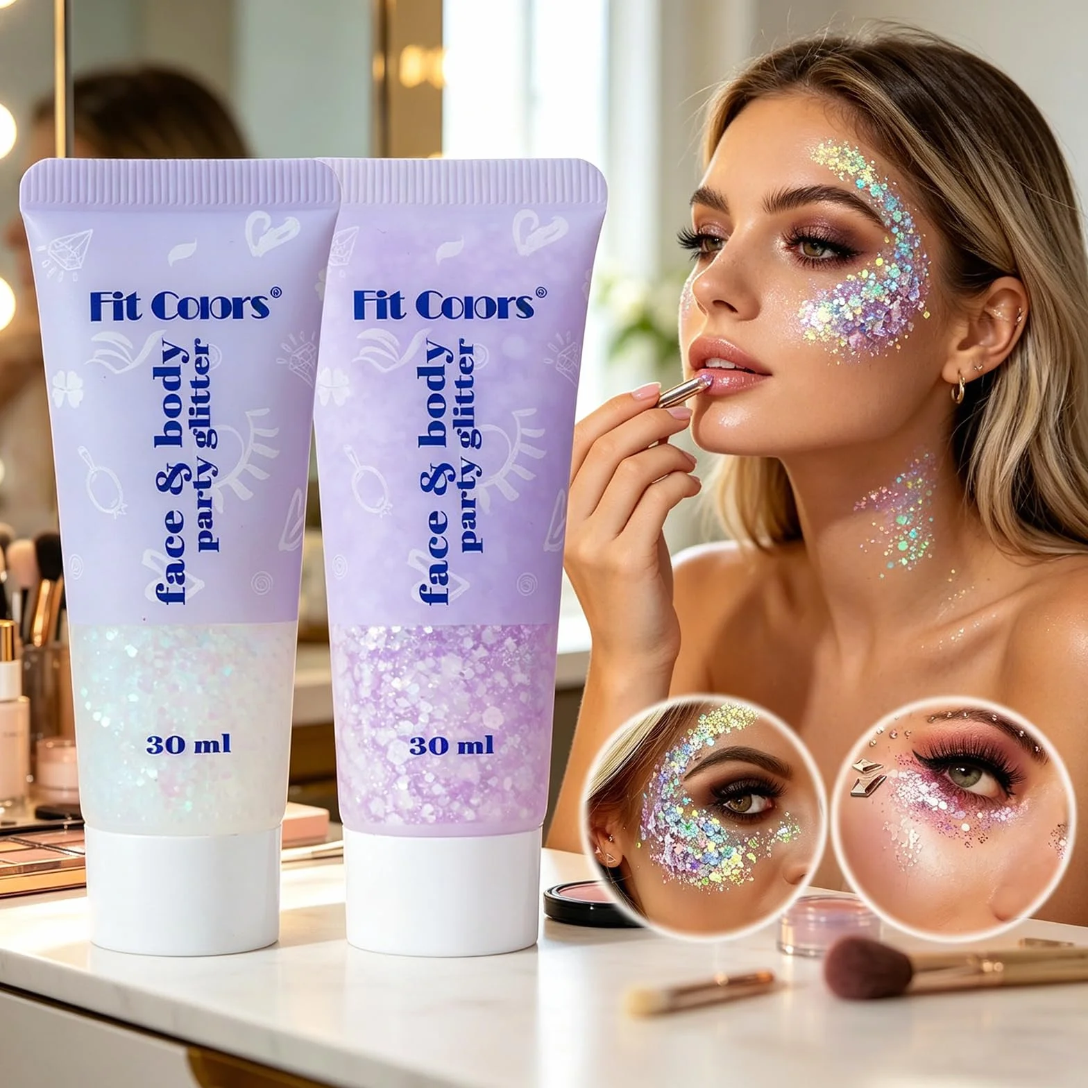 Glitter Gel Chunky 2x30ml Bianco & Rosa Argento. Gel Scintillante Viso, Corpo, Capelli a Lunga Tenuta per Festival, Feste, Carnevale.