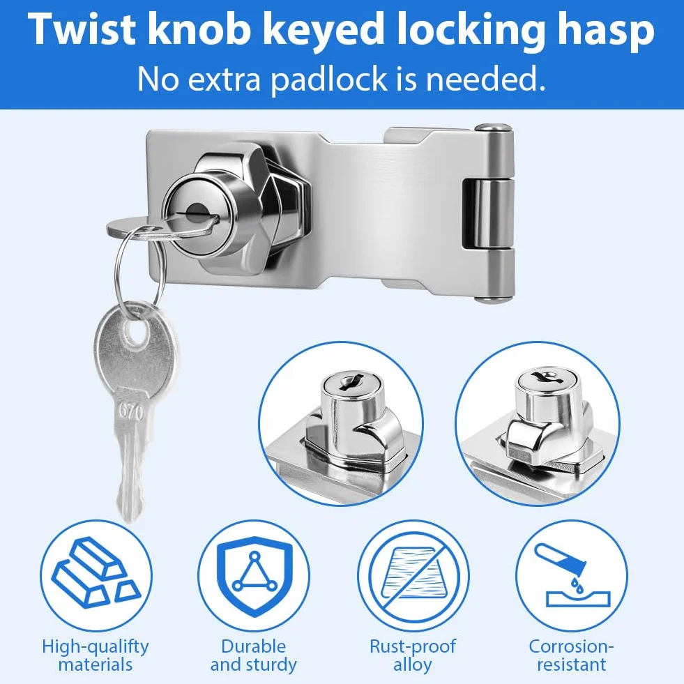 Flintronic Lucchetto Hasp 3 Pollici in Acciaio Inox con Viti e Chiavi Argento