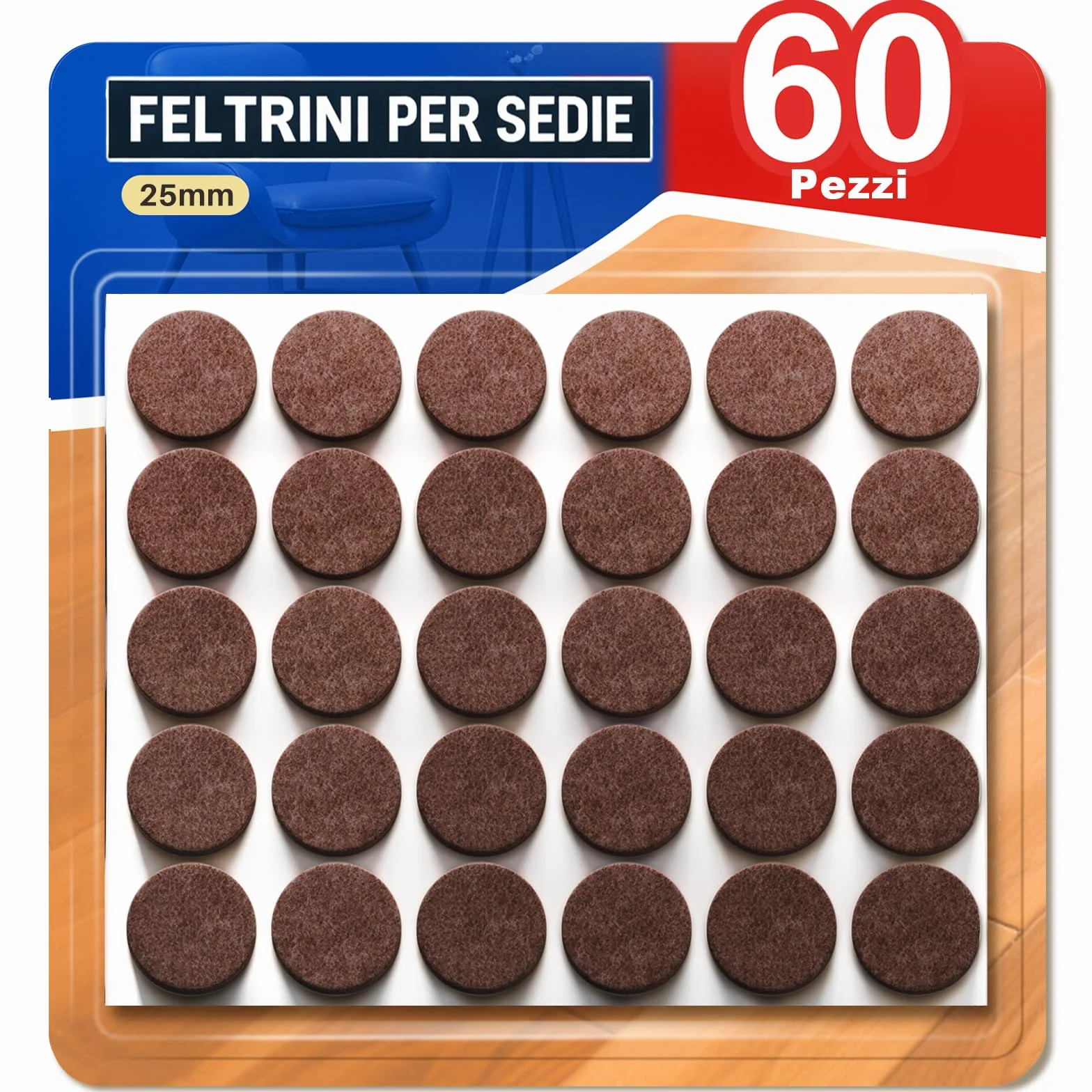60 Pezzi Feltrini Adesivi per Sedie e Mobili, Rotondi 25 mm Marrone