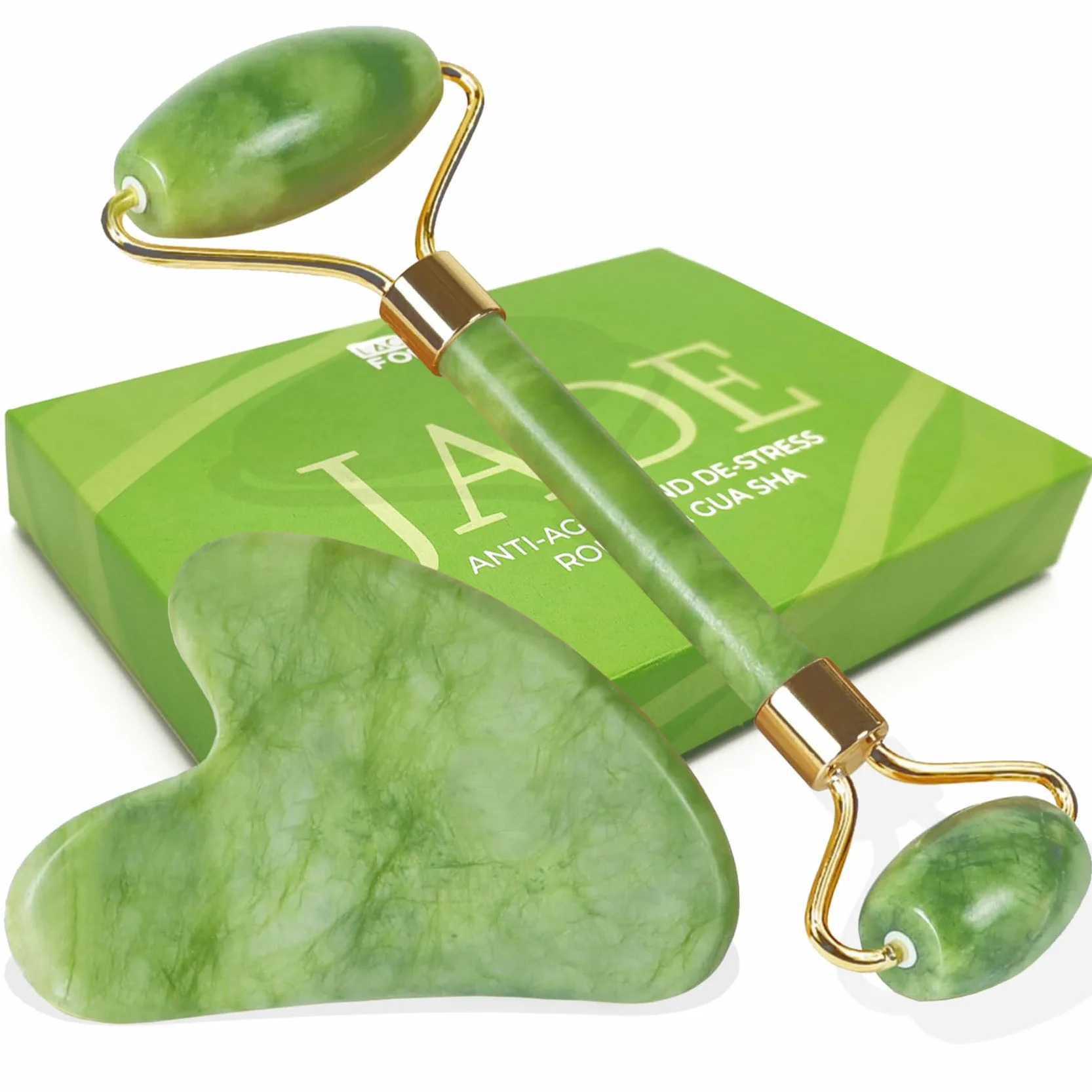 LAC FOR YOU Pietra Gua Sha e Rullo di Giada per il Viso - Roller Massaggio Viso Antirughe - 2 Pz Accessori Skincare Kit