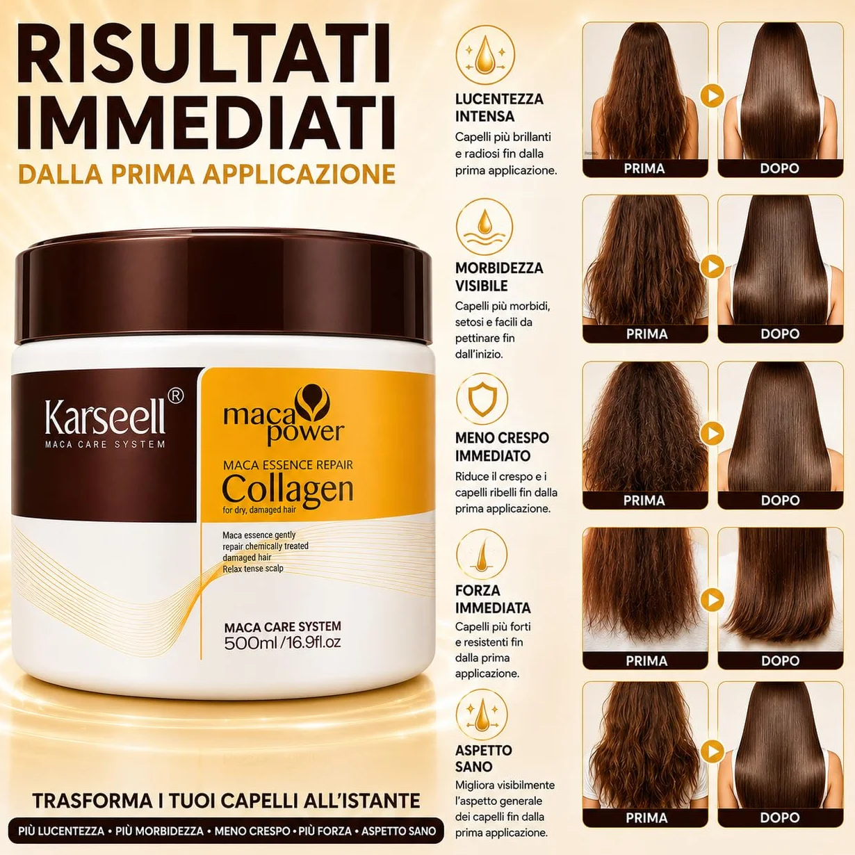 Karseell MACA CARE SYSTEM Maschera Capelli Professionale Collagene Olio Argan Cocco Avocado Cheratina Karité Ristrutturante Nutriente Idratante Anticrespo Capelli Secchi Danneggiati Rovinati 500ml