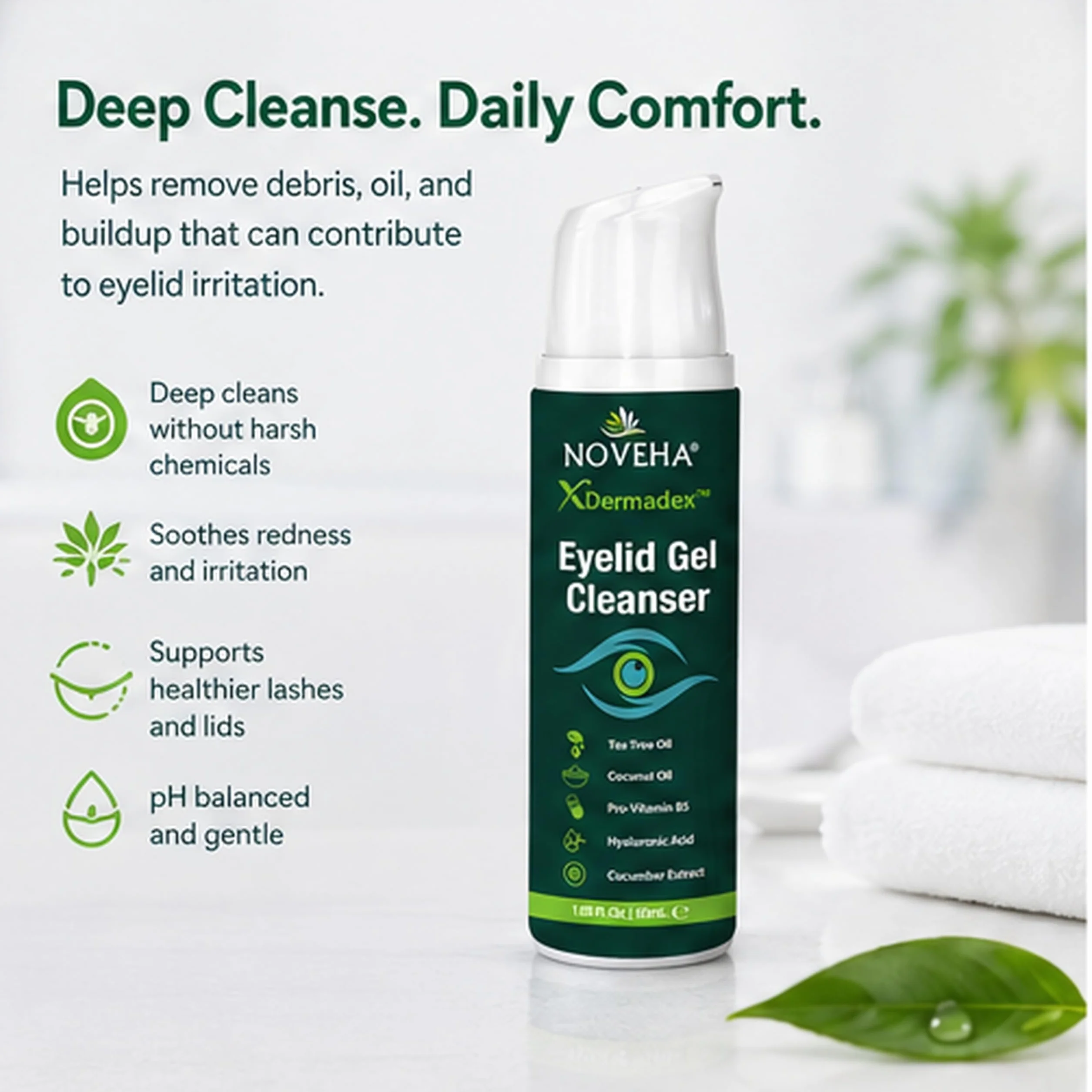 NOVEHA Demodex Gel Detergente Extra Forte per Palpebre - per Demodex, Mgd e Occhio Secco Con Pro-Vitamina B5, Olio di Tea Tree e Acido Ialuronico - Pulizia Morbida, Allevia Il Prurito Della Palpebra -