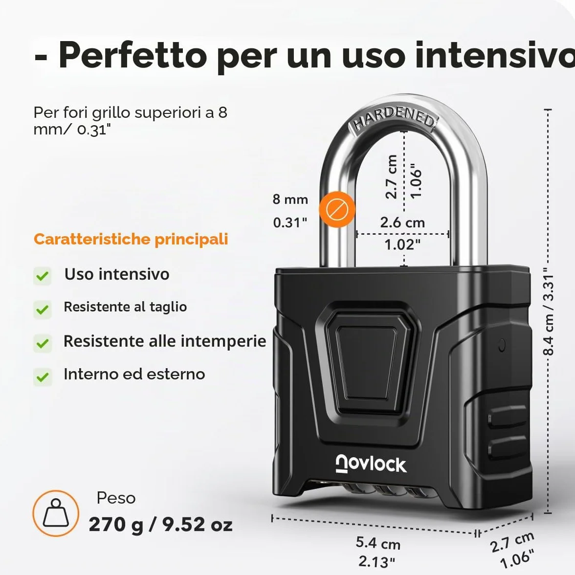 Lucchetto con combinazione impermeabile 8 mm nero per esterni cancelli recinzioni