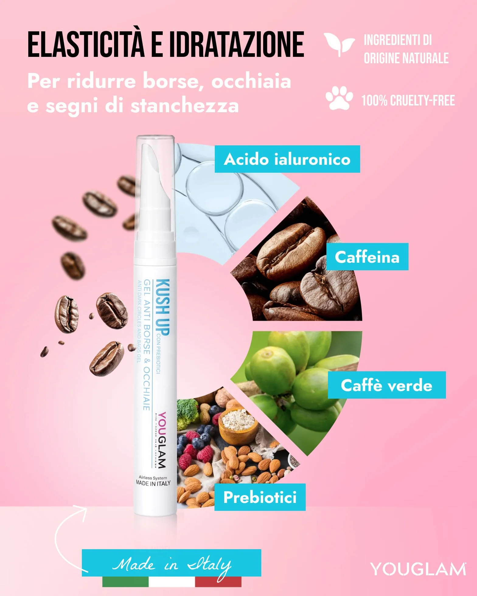 YOUGLAM Kush Up Azzurra – Contorno Occhi Crema Gel con Caffeina, Acido Ialuronico – Occhiaie, Borse – Idratante Rinfrescante Illuminante – Eye Cream 30 ml