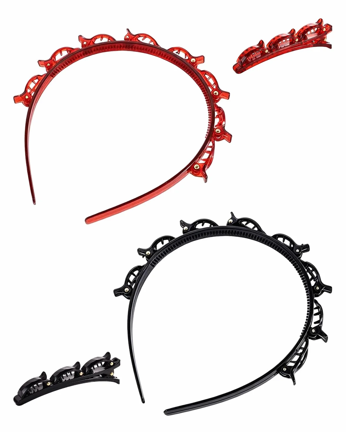 Set 4pz Cerchietto con Clip Doppia Strato & Elastici per Capelli. Fermagli Antiscivolo per Frangia, Aiuto Trecce, Stili Donna.