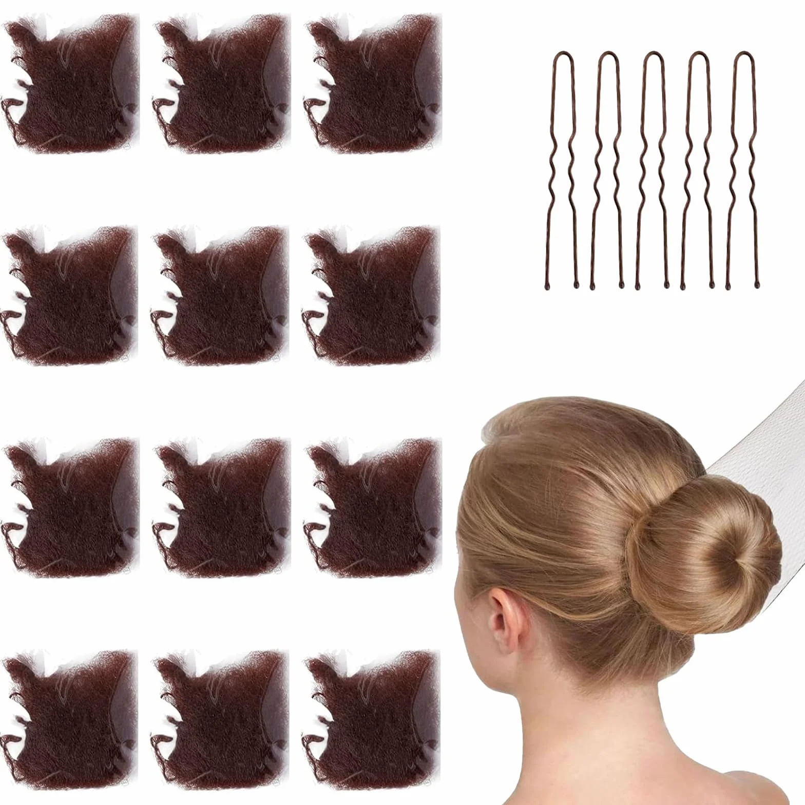 12 retine elastiche per capelli con 5 forcine nere, reti invisibili per capelli e 40 forcine a forma di U, set per donne, ragazze, ballerine, infermiere (caffè)