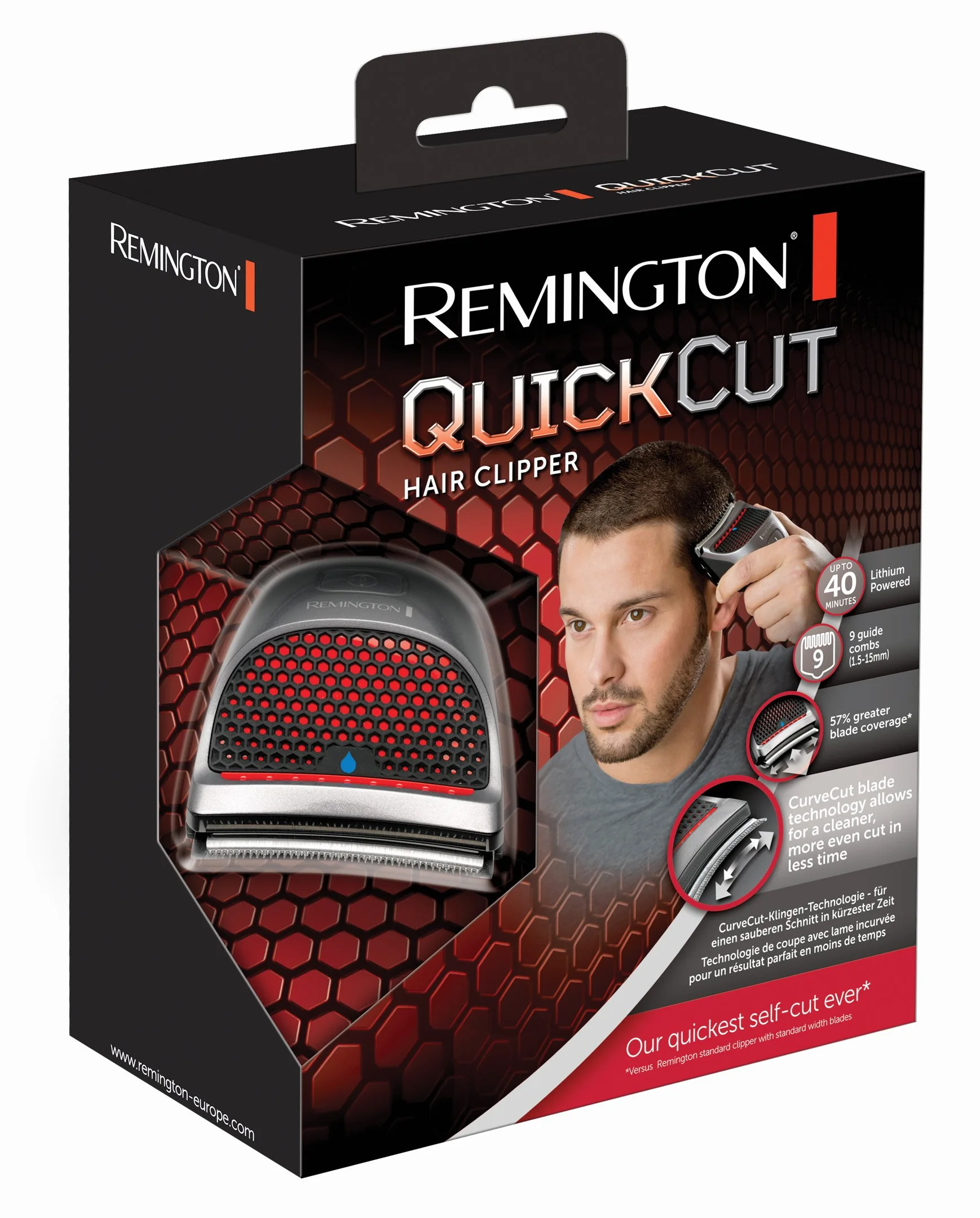 Remington Tagliacapelli - Lame in acciaio Inox con tecnologia CurveCut: segue la linea della testa - 9 pettini + custodia, funzionamento con batteria agli ioni di litio, QuickCut HC4250