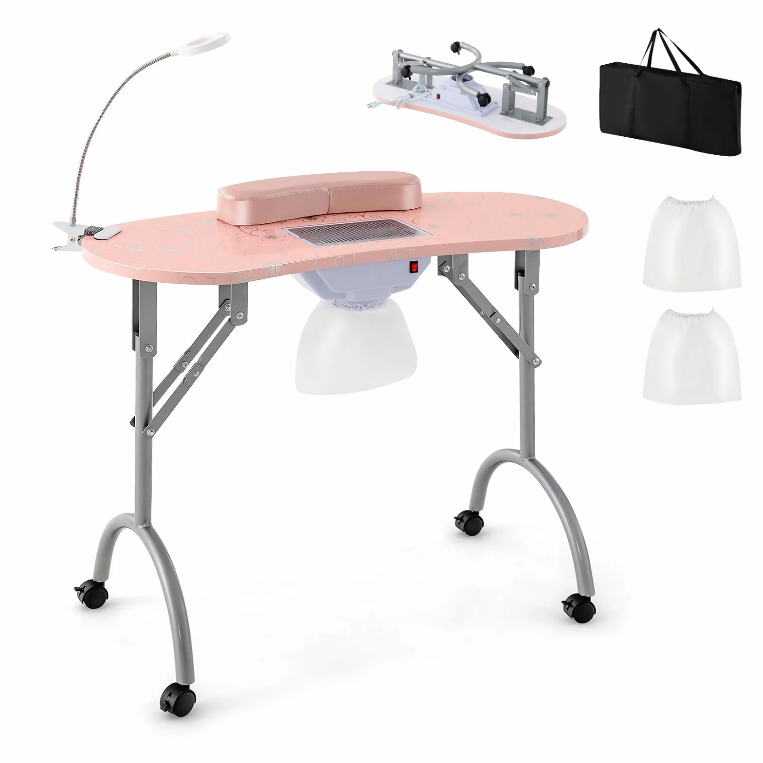 COSTWAY Tavolo per Manicure Pieghevole con Aspiratore, Tavolo per Unghie Portatile con Luce LED Regolabile, Cuscino Poggia Polso Rimovibile, Borsa da Trasporto e 4 Ruote Bloccabili (Rosa)