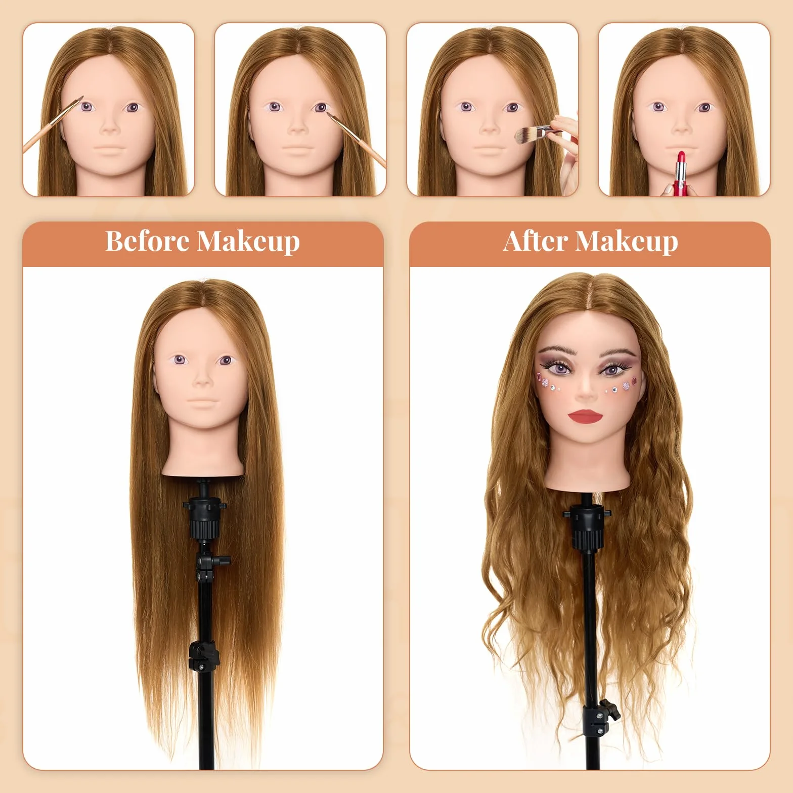 Neverland Testa per Parrucchieri, 28" 60% Capelli Veri Testa Bambola da Truccare e Pettinare Testa Manichino con Supporto Morsetto da Tavolo, Ciglia, Fai da te Capelli Styling Treccia Set