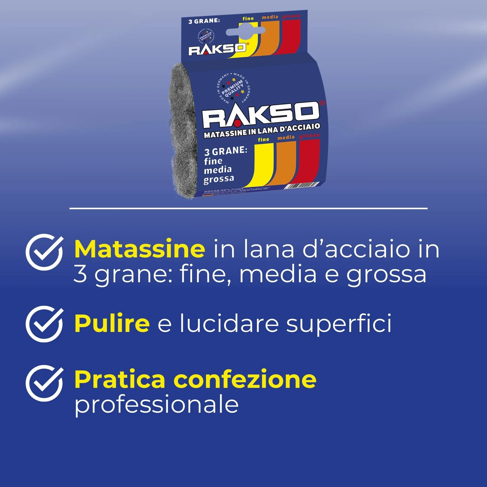RAKSO Lana d'acciaio, tamponi abrasivi fini medi grossolani 3 pezzi per legno vernice metallo