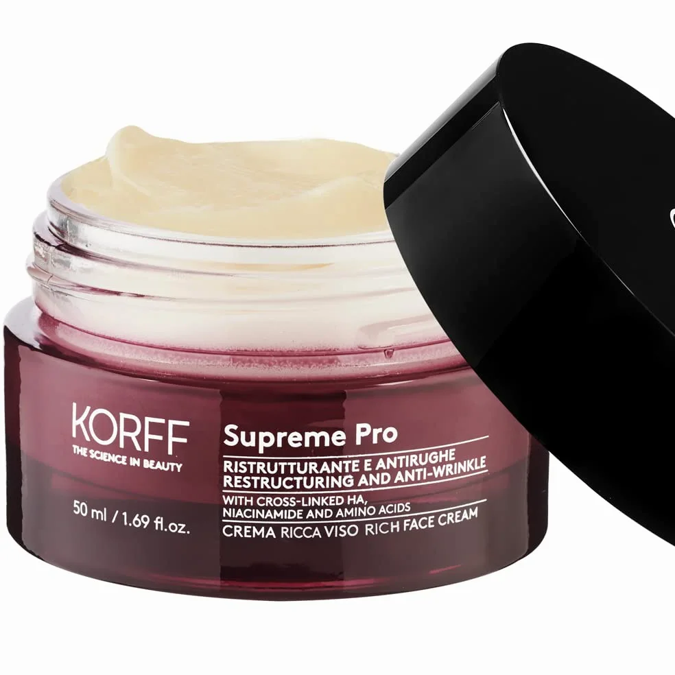 Korff Supreme Pro Crema Viso Ricca, Ristrutturante e Antirughe, con Acido Ialuronico, per Pelle Secca o Molto Secca, Confezione da 50 ml