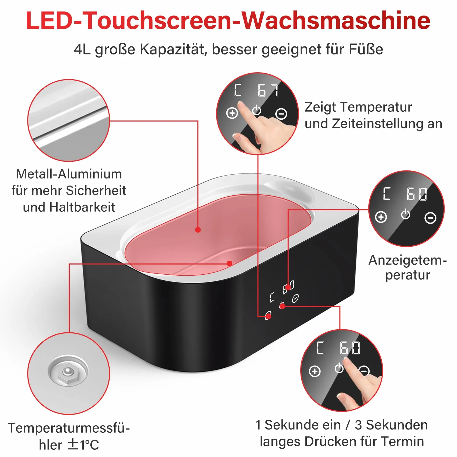 4L LED Bagno di Paraffina per Mani e Piedi con Accessori 1350g Cera, Bagno di Cera Elettrica con Cera di Paraffina con Tempo di prenotazione,Bagno di Cera di Paraffina Mani 200W