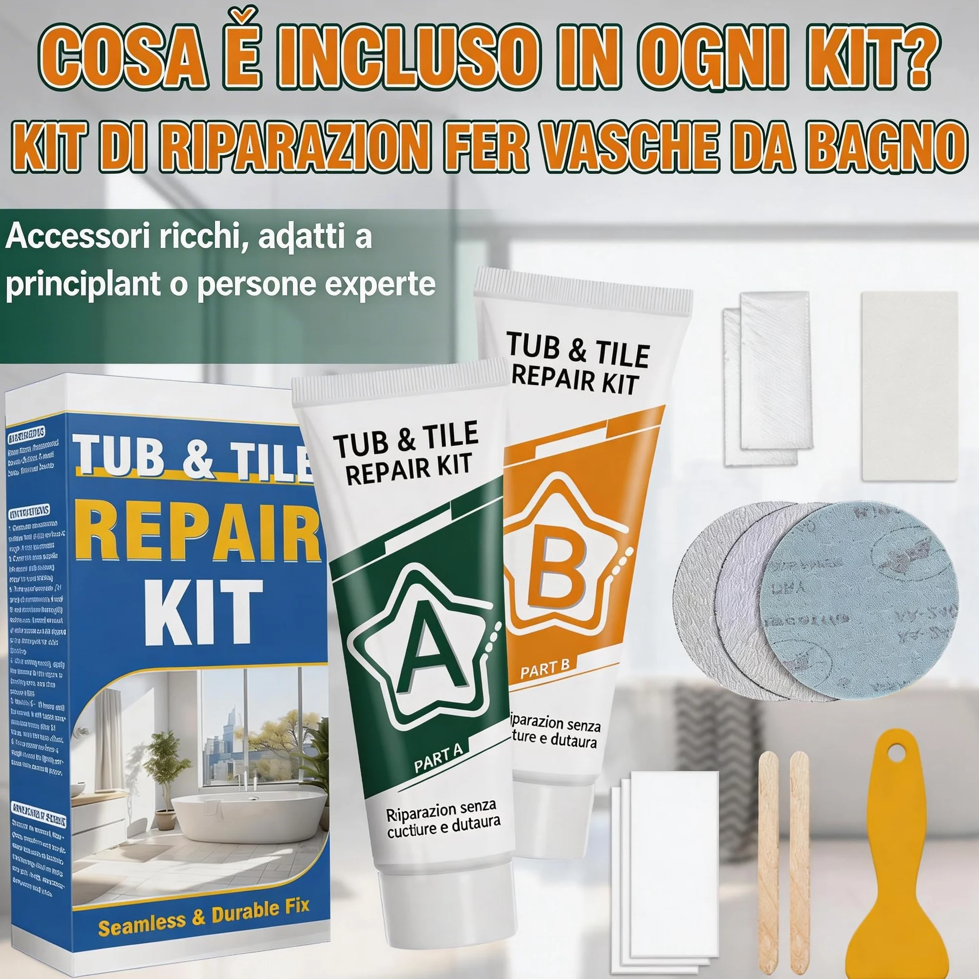 Kit Riparazione Piastrelle Impermeabile per Fibra di Vetro, Porcellana, Ceramica e Smalto
