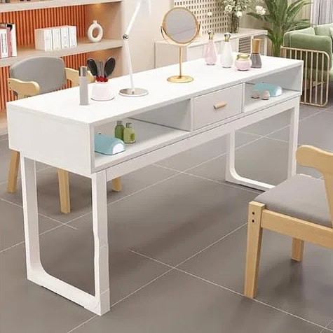 Tavolo Manicure Professionale di Grandi Dimensioni con Doppio Ripiano E Cassetti, Tavolo Manicure con Struttura in Metallo, Tavolo Manicure Tecnologico, Colore Legno/Bianco,Bl160cm