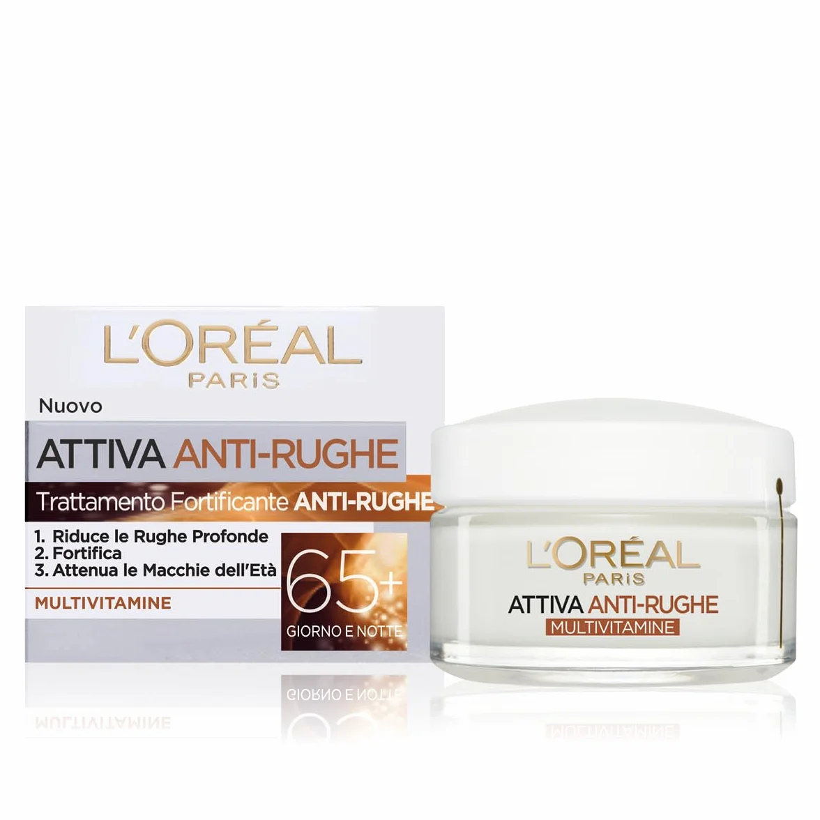L'Oréal Paris Crema Viso trattamento nutriente giorno Attiva Anti-Rughe, Trattamento Fortificante 65+ con Multivitamine, Adatto a Pelli Mature, 50 ml