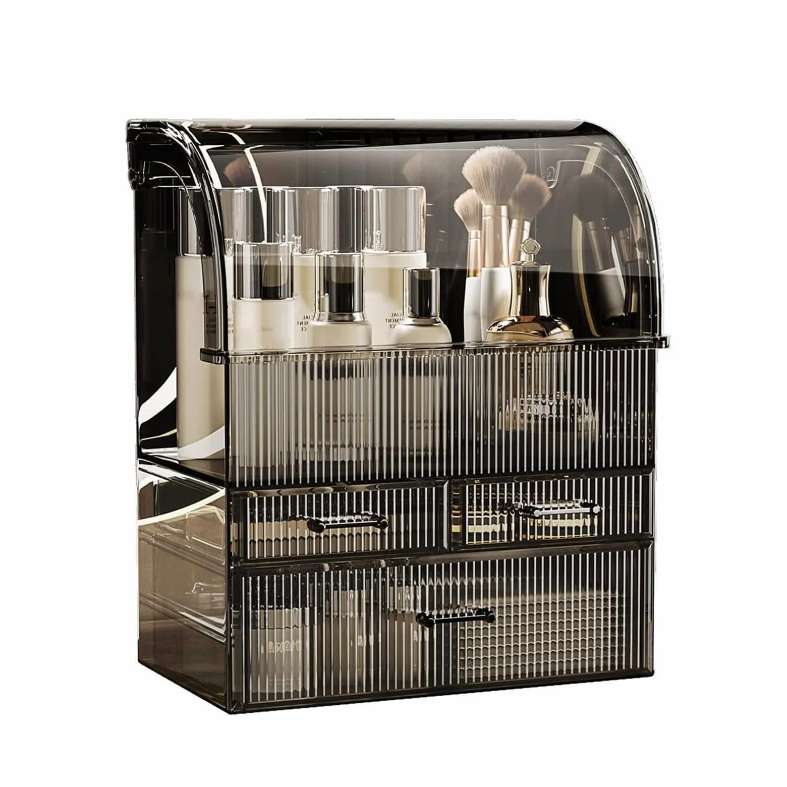 Organizer per cosmetici, organizer per trucchi in acrilico con coperchio, impermeabile, per la cura della pelle, con 3 cassetti, per camera da letto, Nero trasparente (30 cm di lunghezza x 17,3