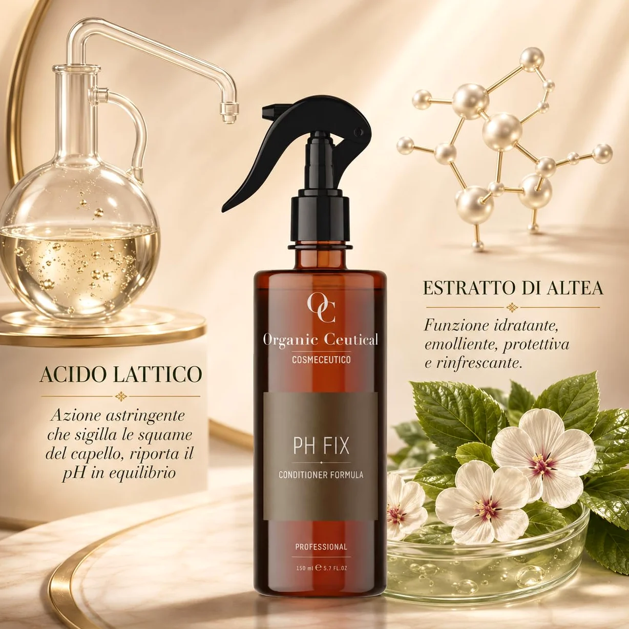 Organic Ceutical Ph Fix Spray Capelli Sigilla Doppie Punte, Trattamento Professionale, Conditioner Ristrutturante Capelli Danneggiati e Spezzati, Effetto Lucidante e Protezione del Colore, 150 ml