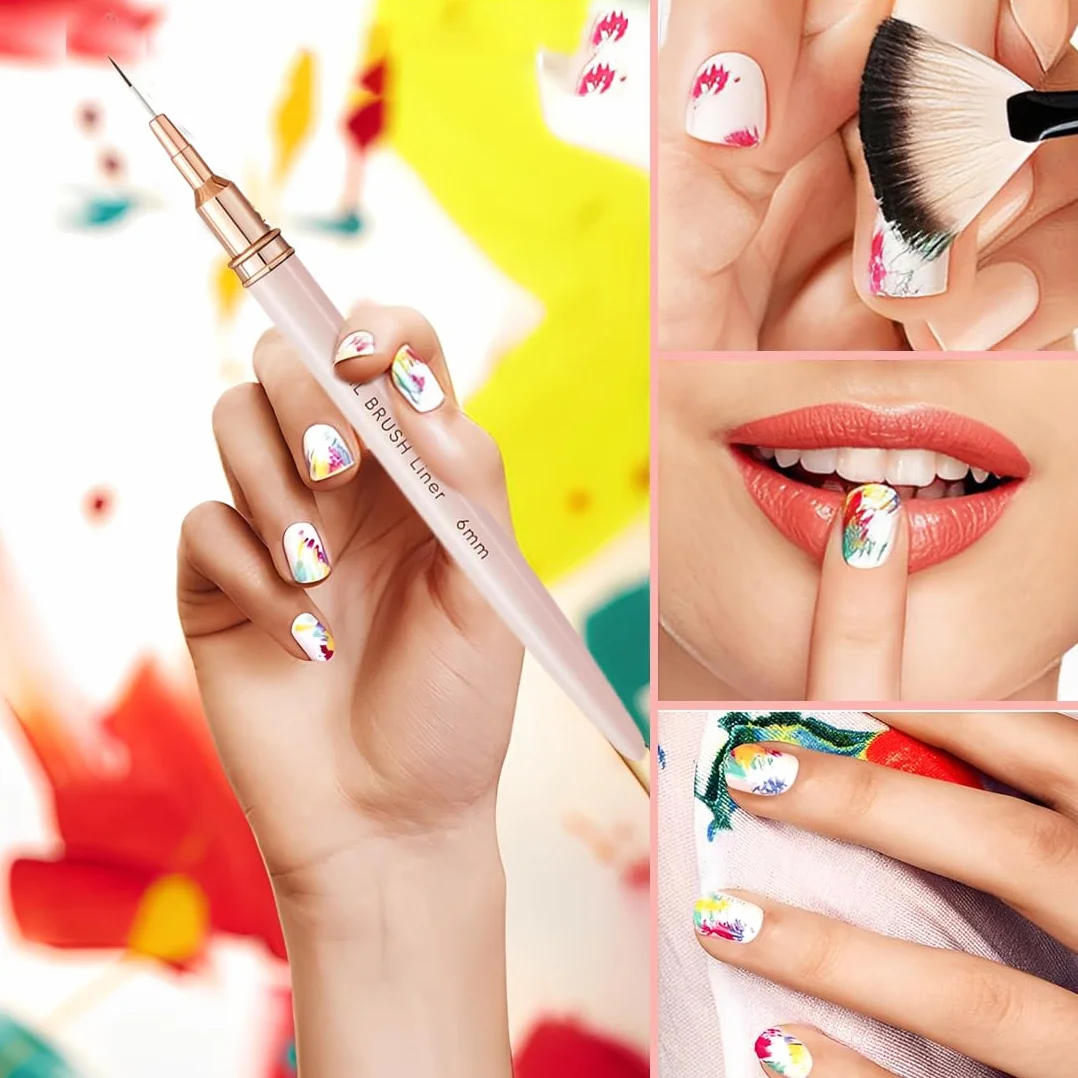 WeddHuis Pennelli per nail art, 5 pennelli per nail art, set di pennelli per disegnare e punteggiare le unghie, per linee lunghe, dettagli sottili, dimensioni 6/9/12/15/18 mm,rosa