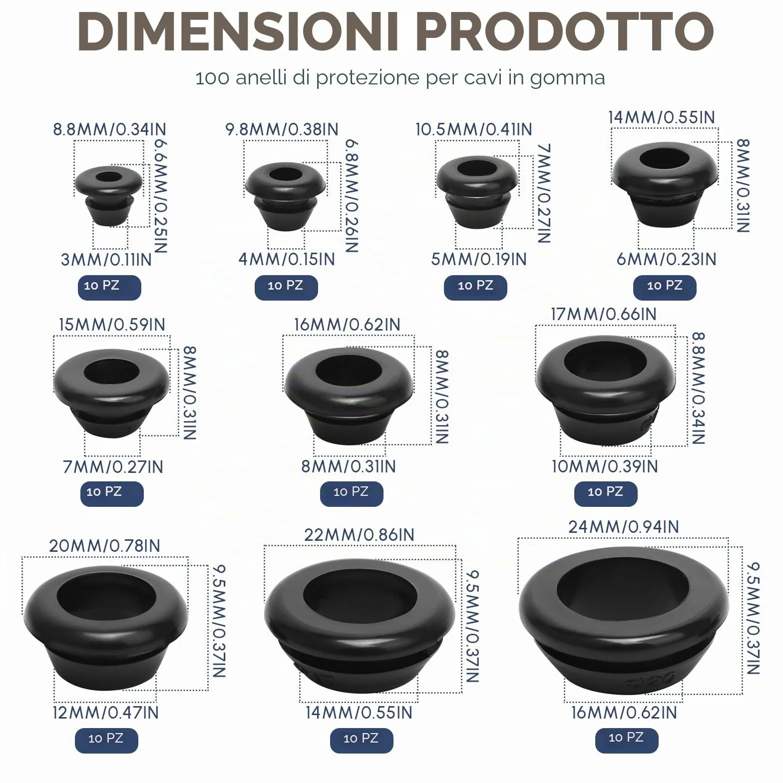 Set 100 Pezzi Passacavi in Gomma per Fori, Protezione Cavi (5-20 mm)