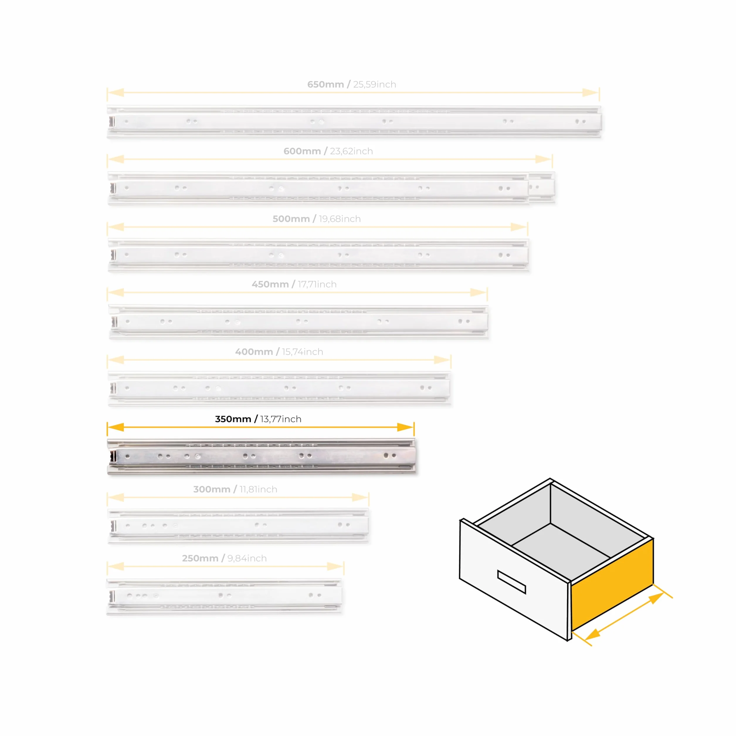 Emuca Guide/Binari con Cuscinetti a Sfere ad Estrazione Totale per Cassetto, 45 x 350 mm, Zincato