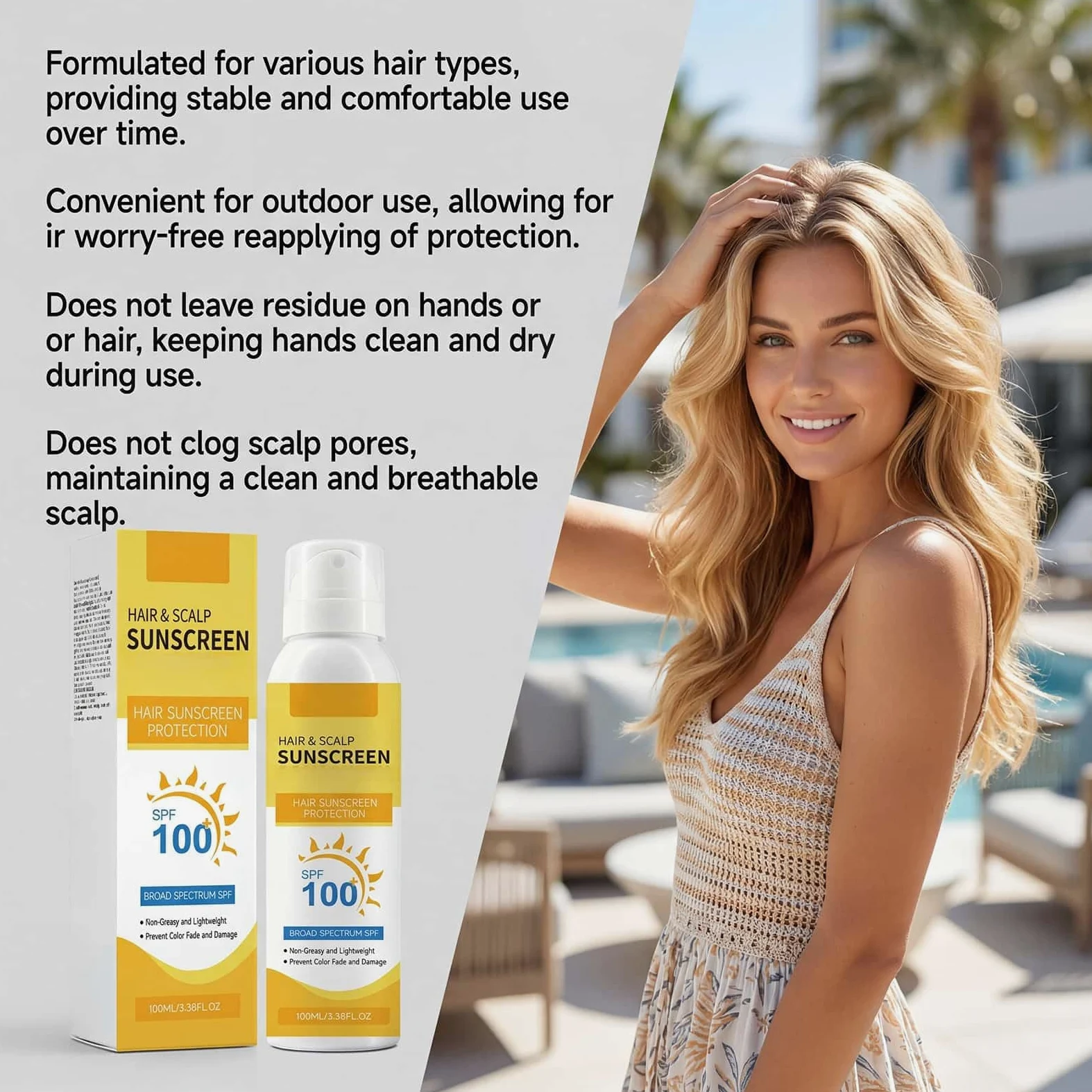 Spray solare SPF 100 per capelli e cuoio capelluto, protezione UV ad ampio spettro; spray leggero e non grasso che previene lo scolorimento dei capelli e i danni del sole, 100 ml (3Pezzo)