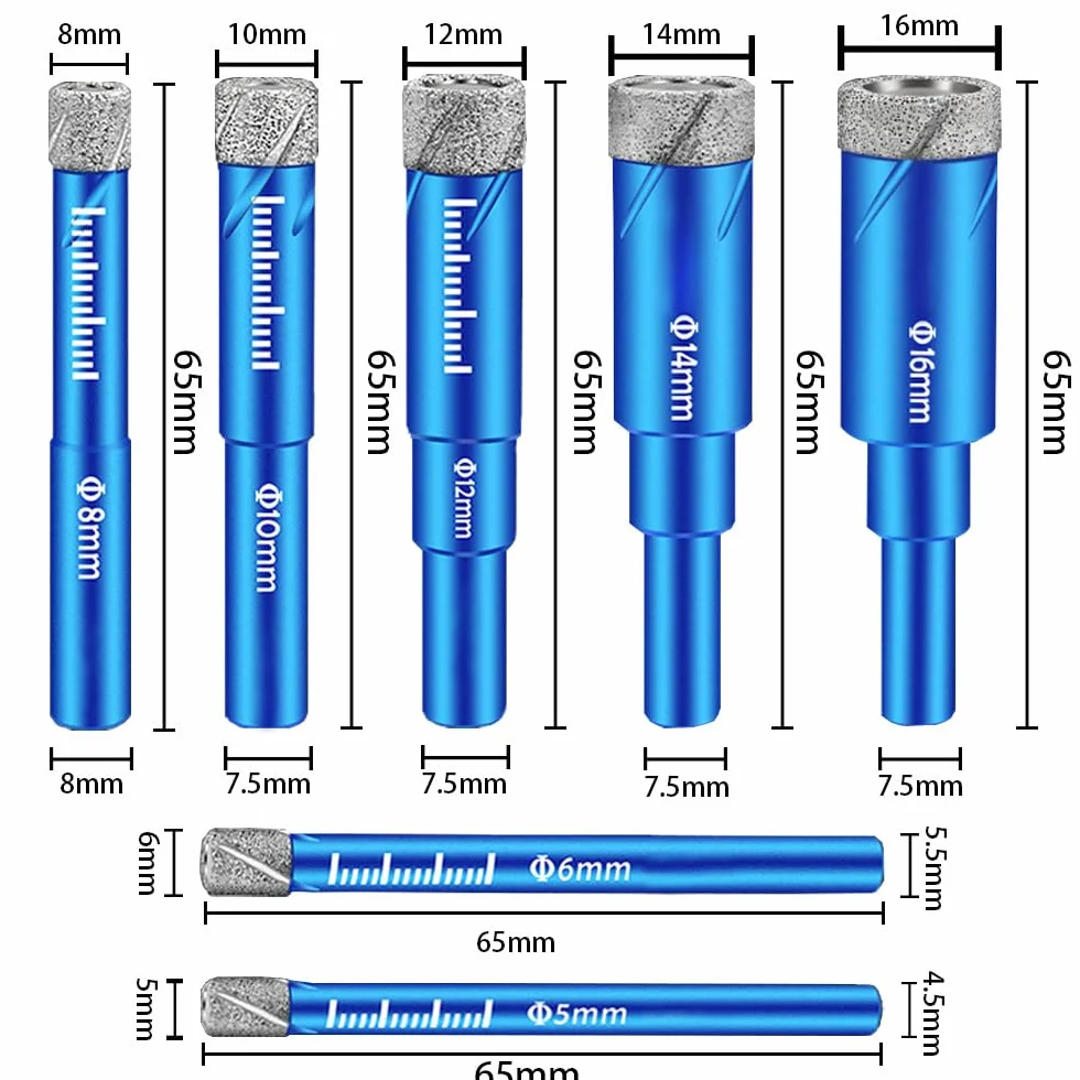 Punte Trapano Diamantate 5 Pezzi 5,6,8,10,12mm Carbide per Gres Porcellanato Granito Marmo