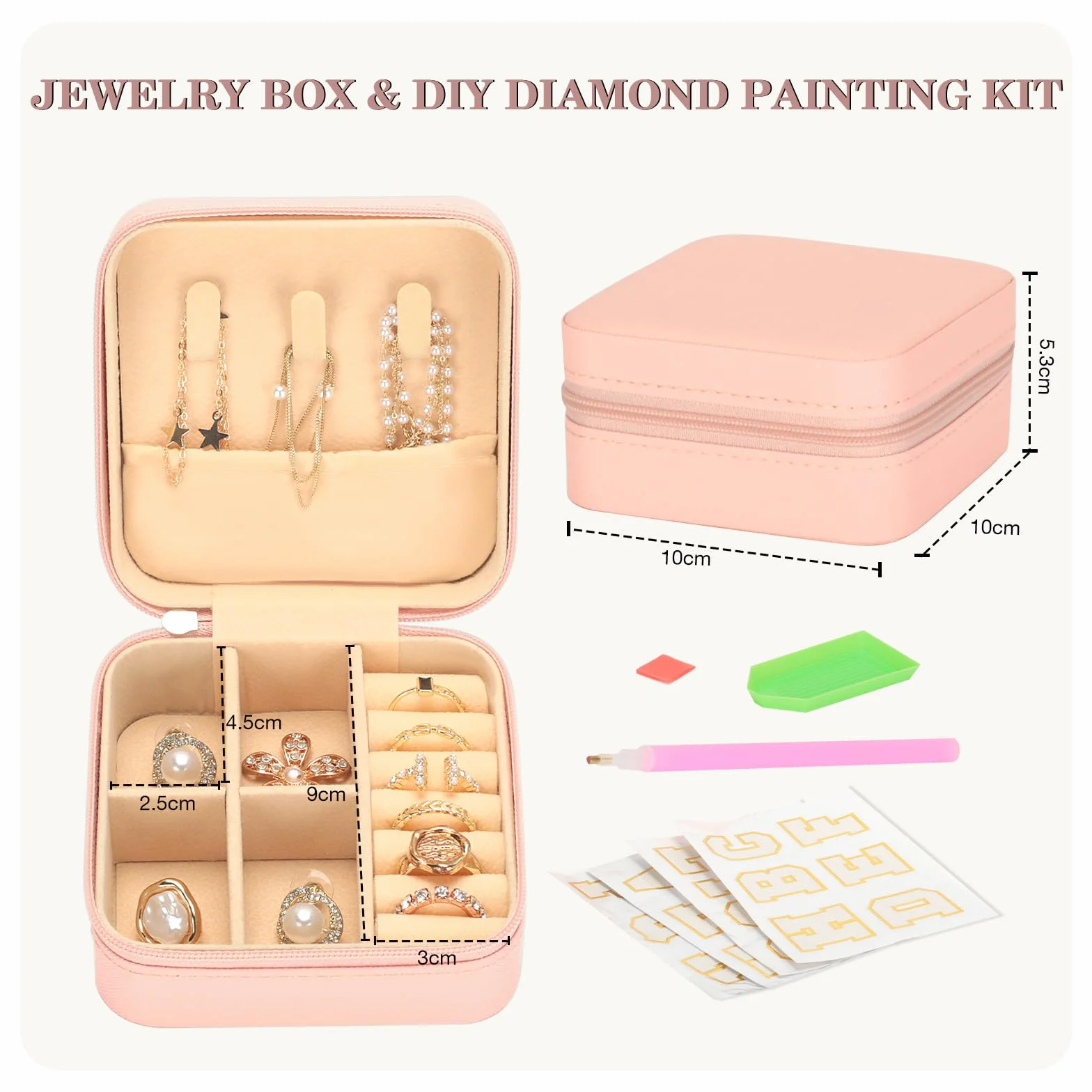 VINATO Portagioielli Personalizzabile con Lettere Diamantate 10x10x5 cm DIY Scatola Porta Gioielli da Viaggio in Pelle PU Rosa