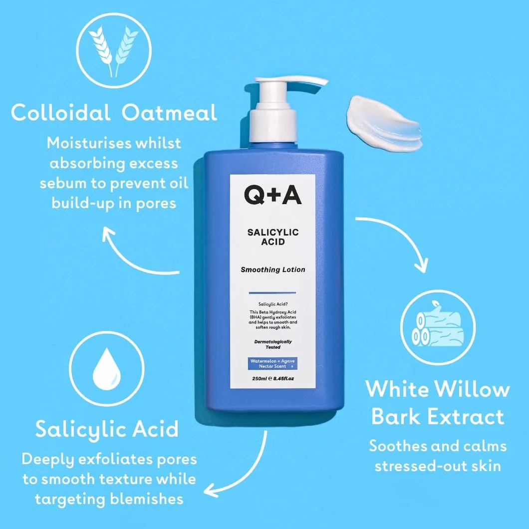 Lozione Levigante all'Acido Salicilico Q+A per la Cura Mirata del Corpo, un BHA che esfolia la pelle, contrasta il 'backne' e la texture indesiderata, favorisce una pelle più liscia e sana, 250ml