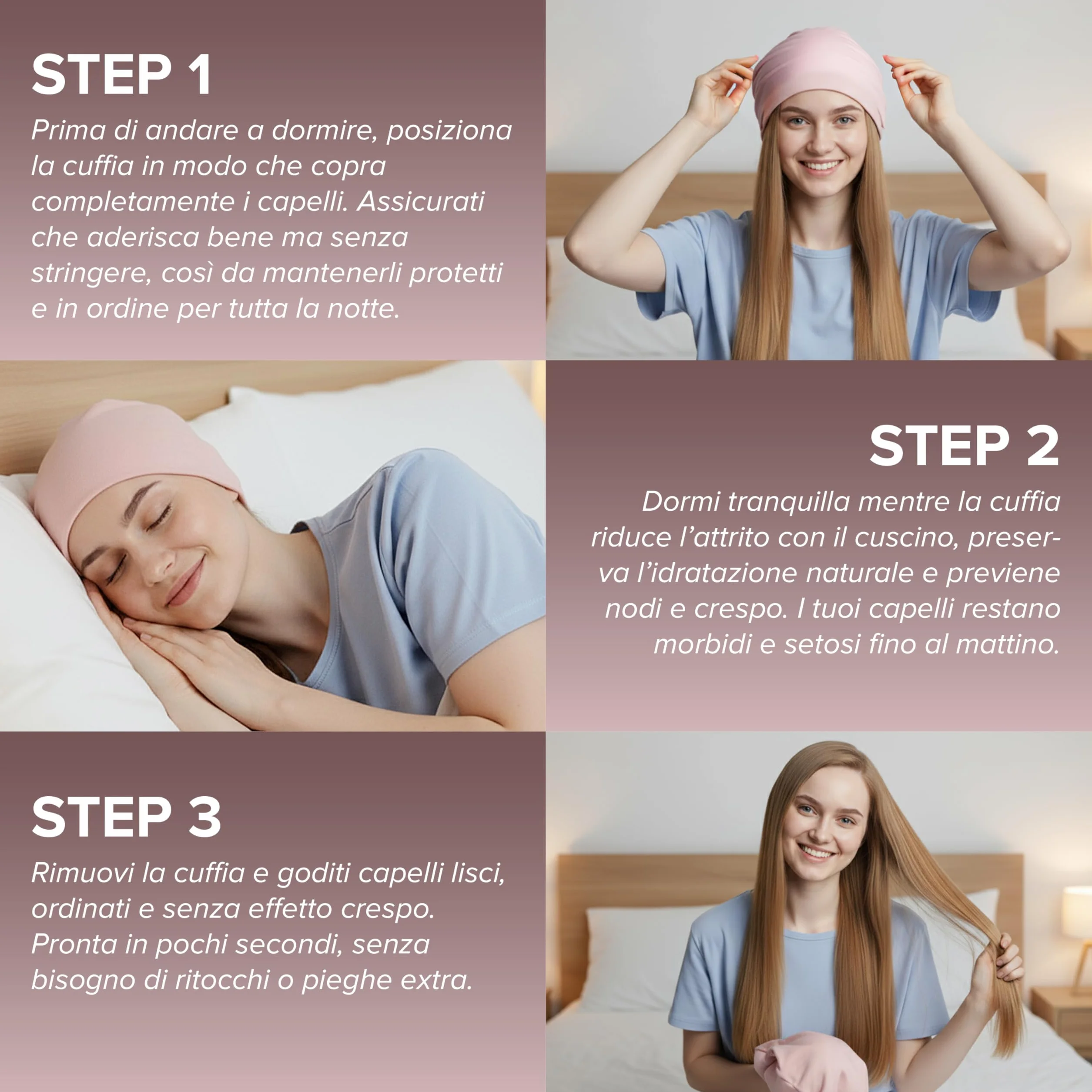 Cuffia Capelli Ricci Notte - Cuffia per Dormire Capelli Ricci, Mossi o Lisci, Anche con i Bigodini - Cappello da Notte Donna in Tessuto Morbido e Confortevole, Rosa