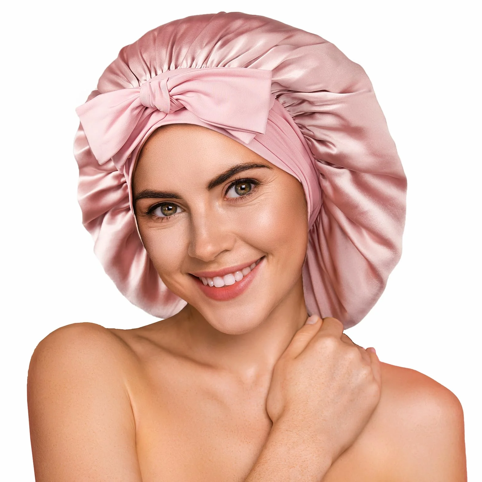 Umisleep 100% 22 Momme Cuffia Seta di Gelso per Dormire, Cuffia da Notte in Seta a Doppio Strato per Capelli Ricci, Traspirante, con Cinturino Largo Regolabile per Il Fissaggio alla Testa, Rosa
