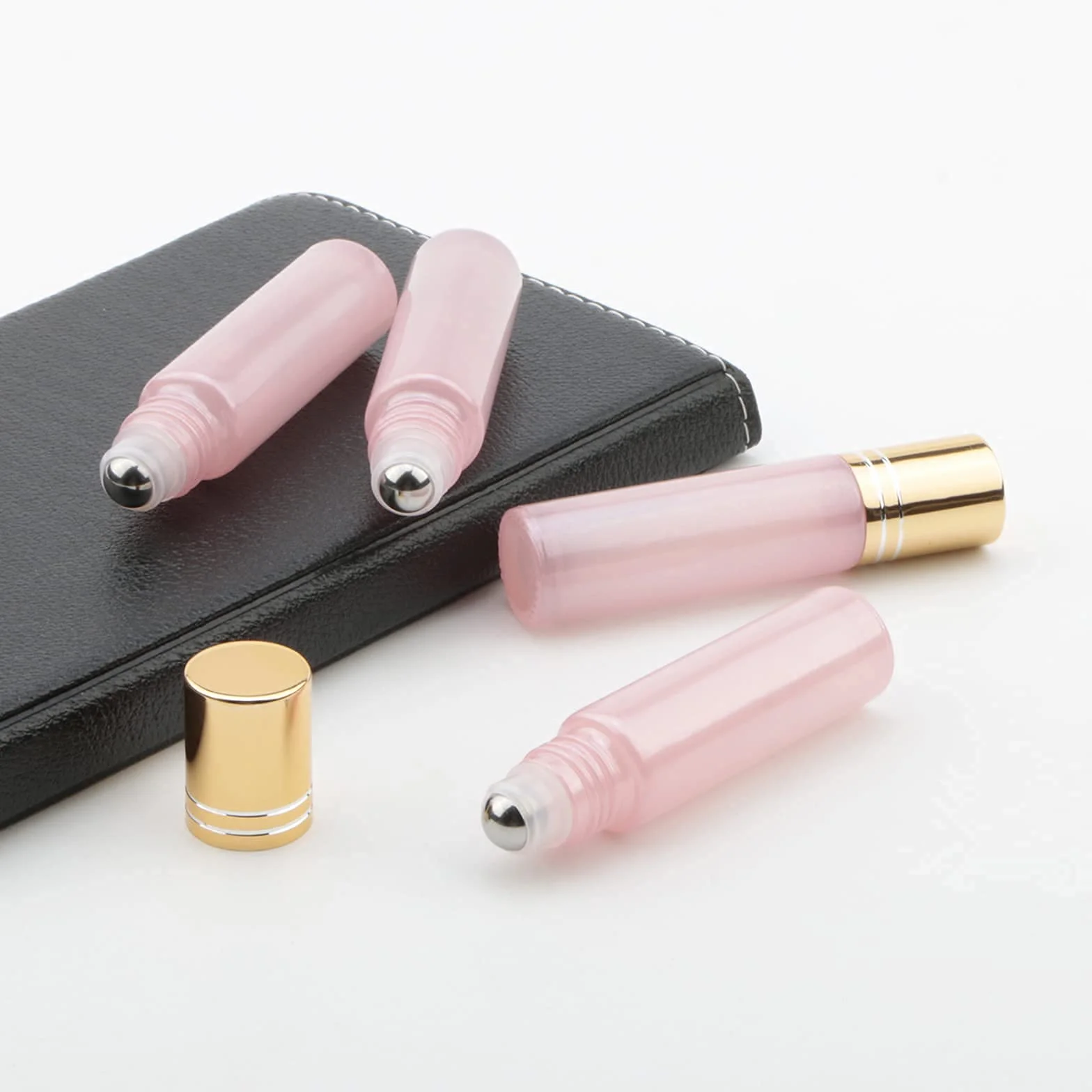 Bottiglie roll-on per oli essenziali, 10 ml, vuote, ricaricabili, in vetro, con tappo dorato, per profumi, aromaterapia, colore: Rosa Perlato