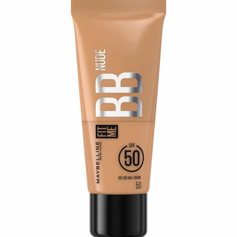 Maybelline New York BB Cream SPF50, Pelle Uniforme, Idratata e Protetta, Arricchita con Pigmenti Che si Uniformano all'Incarnato, Con il 90% di Ingredienti Skincare, Fit Me BB Nude, Tonalità: 50, 30ml