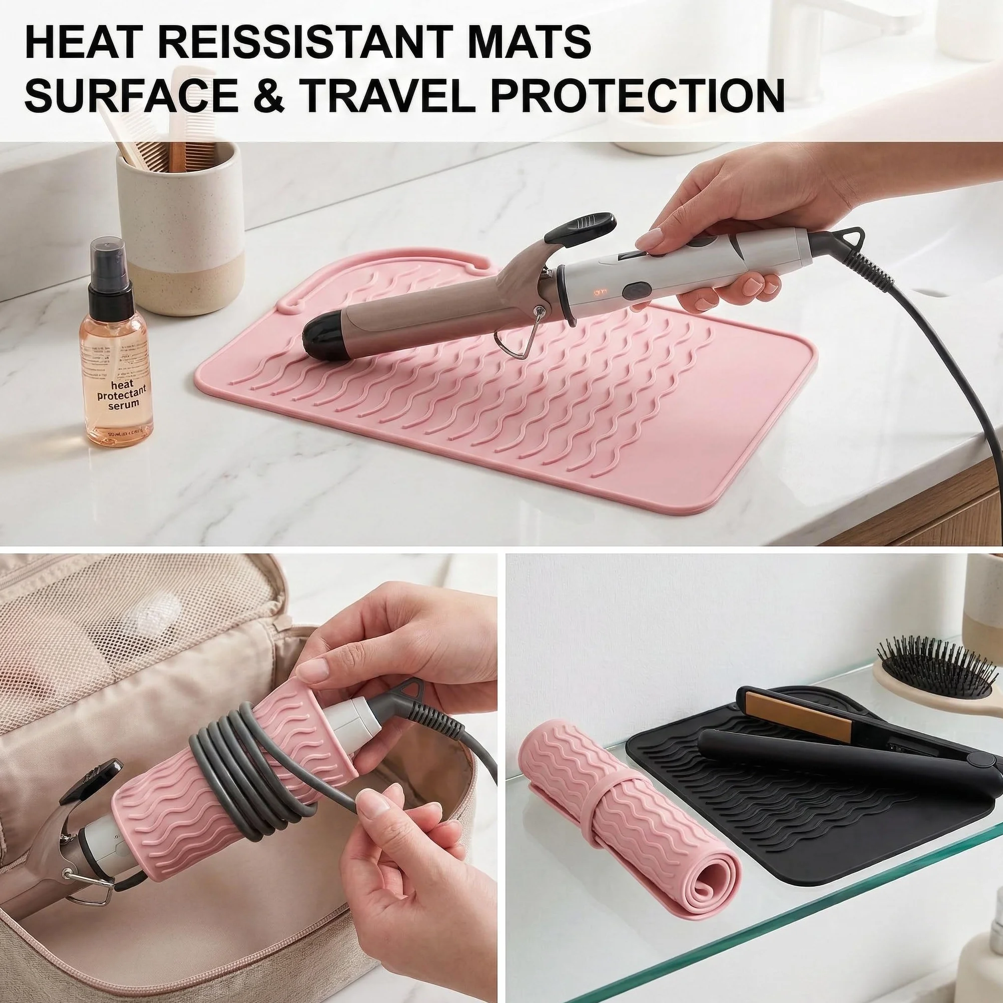 Tappetino termoresistente in silicone 2 pezzi nero e rosa 23x16cm per piastra capelli e ferro arricciacapelli resistente fino a 230°C antiscivolo facile da pulire per casa e salone
