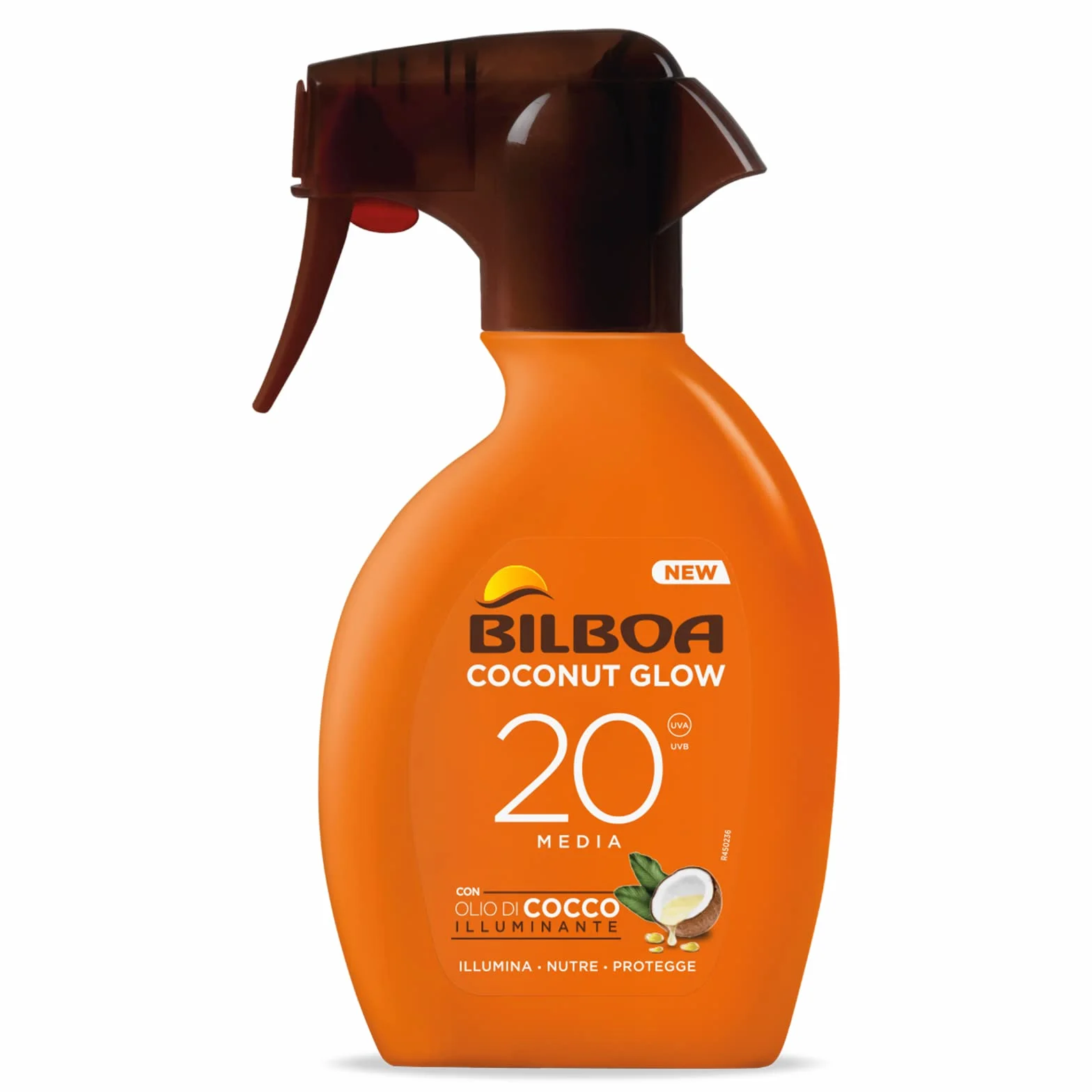 Bilboa, Trigger Solare Coconut Glow SPF 20, Crema Solare Spray con Olio di Cocco e Vitamina E, Leggera sulla Pelle, Protezione Solare Resistente all'Acqua, 250 ml