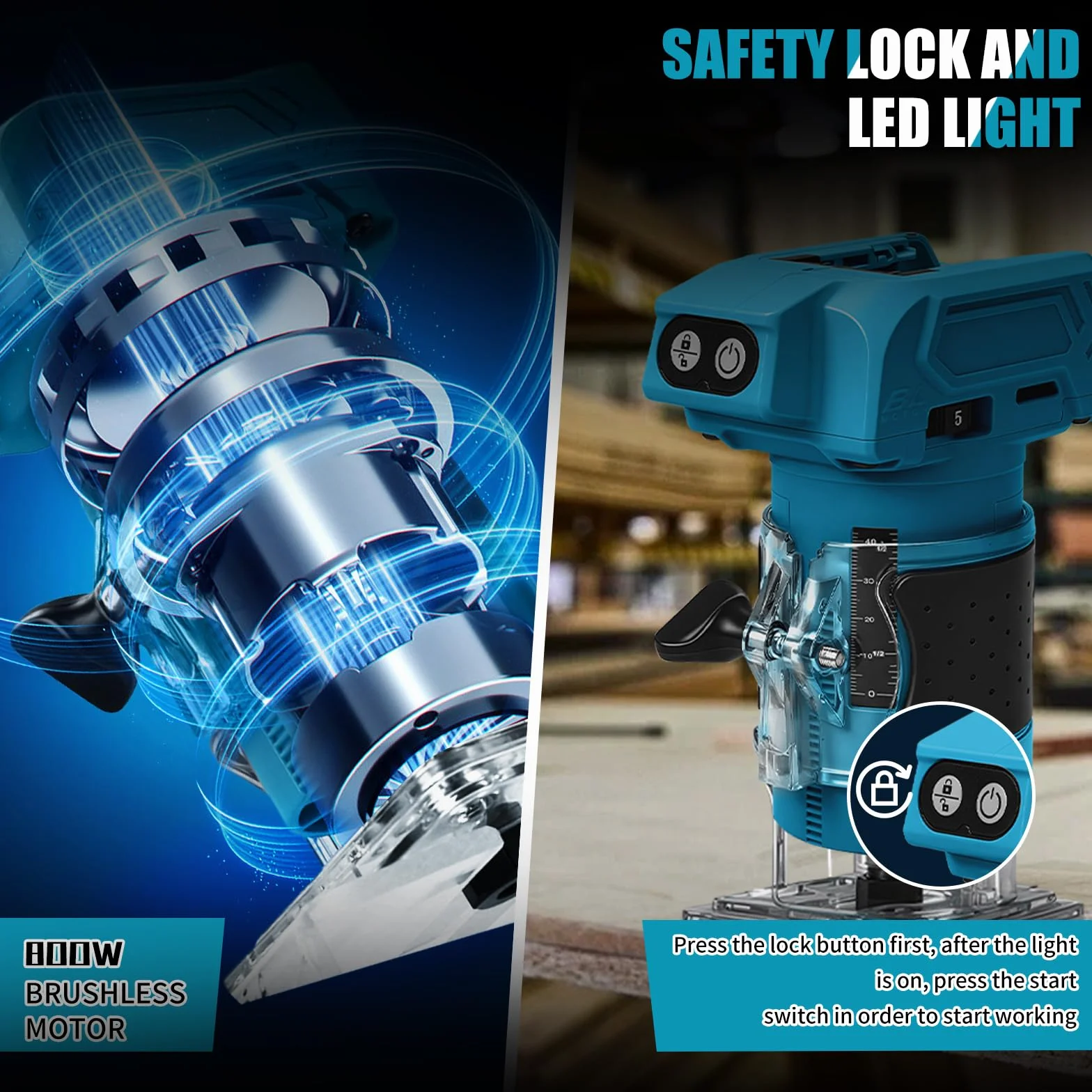 Makita 18V Fresa a Batteria 800W Senza Spazzole 5 Velocità 6,35mm 30000 giri/min