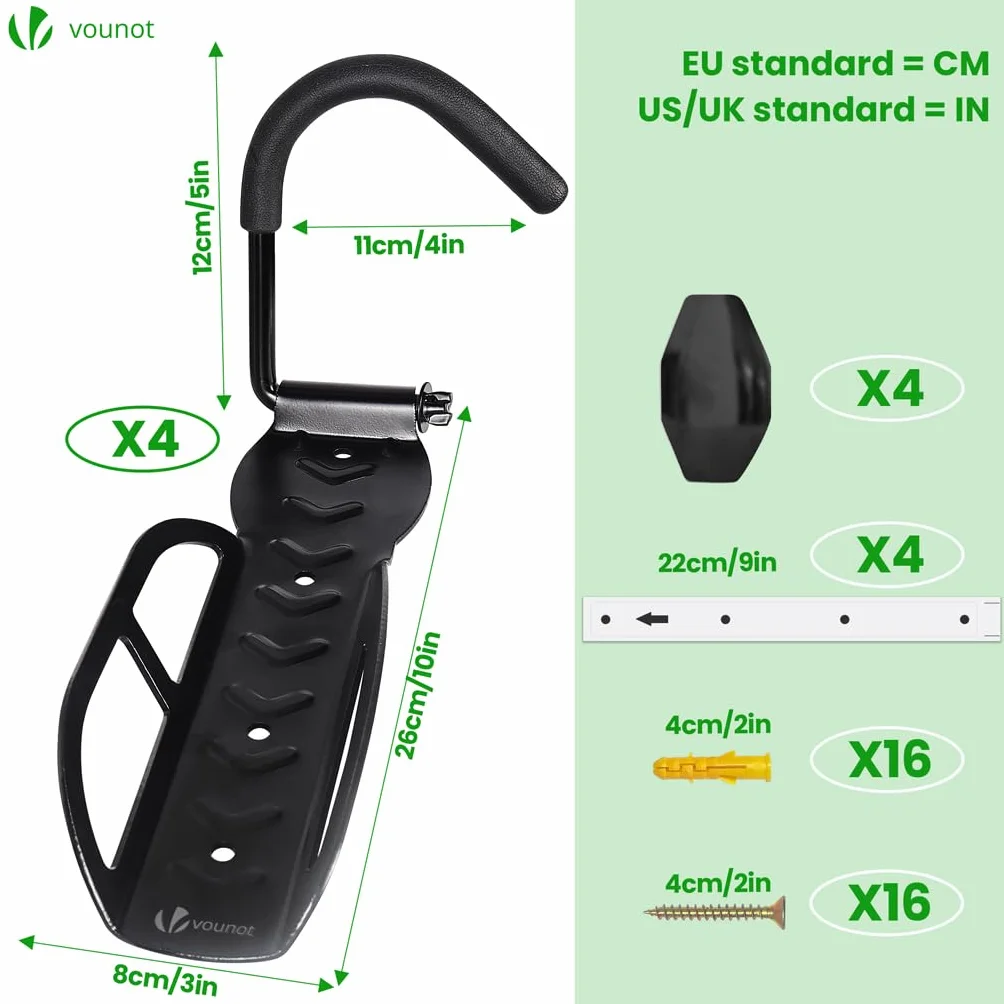 VOUNOT® 4 Pezzi Supporto per Biciclette da Parete Pieghevole, Portabici da Muro Salvaspazio con Cuscinetti, Gancio Appendere Verticale per Garage Cantina Shed, Nero
