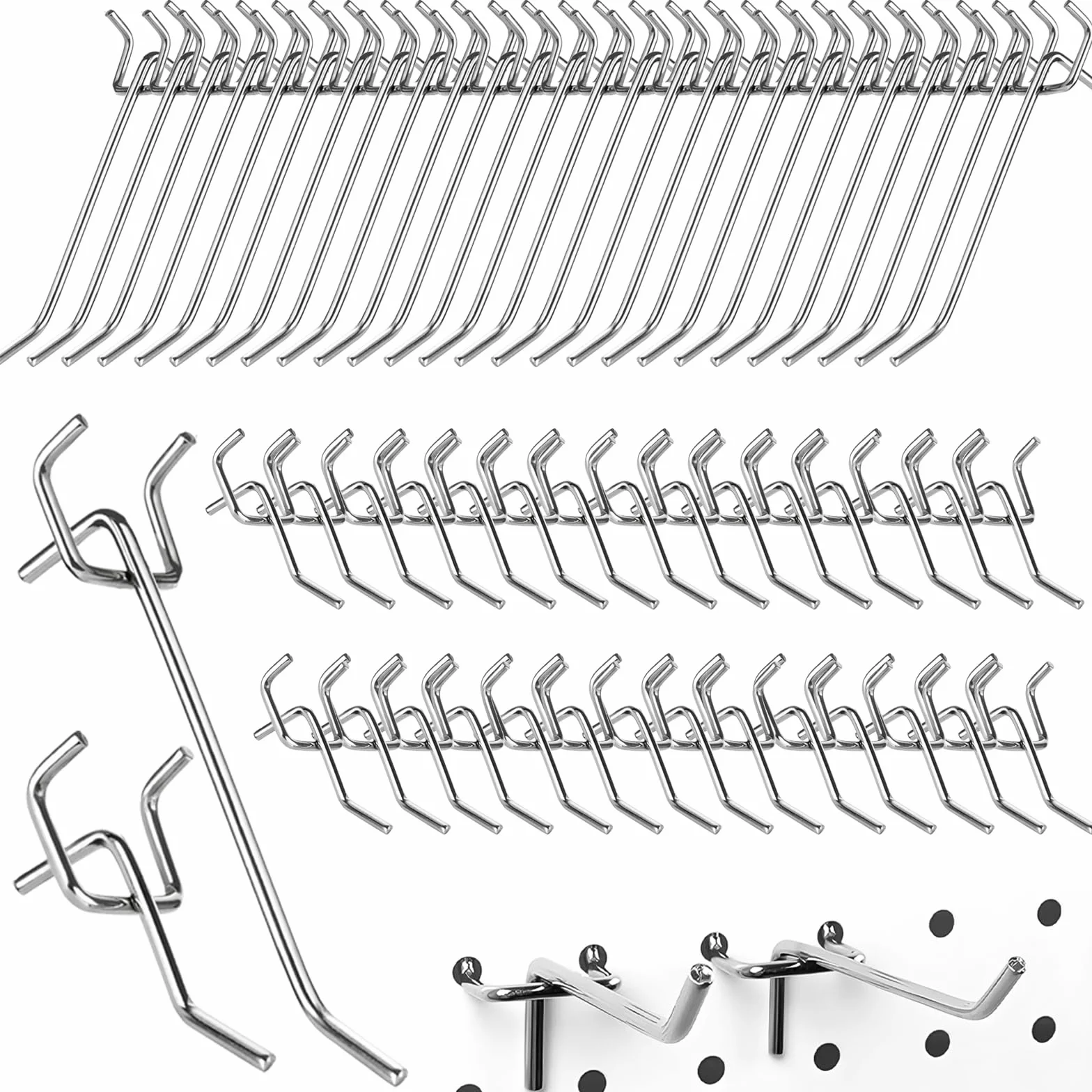 Ganci Pegboard Metallici 60 Pezzi, Supporto Utensili 3cm, Diametro 3mm per Scaffali e Officine