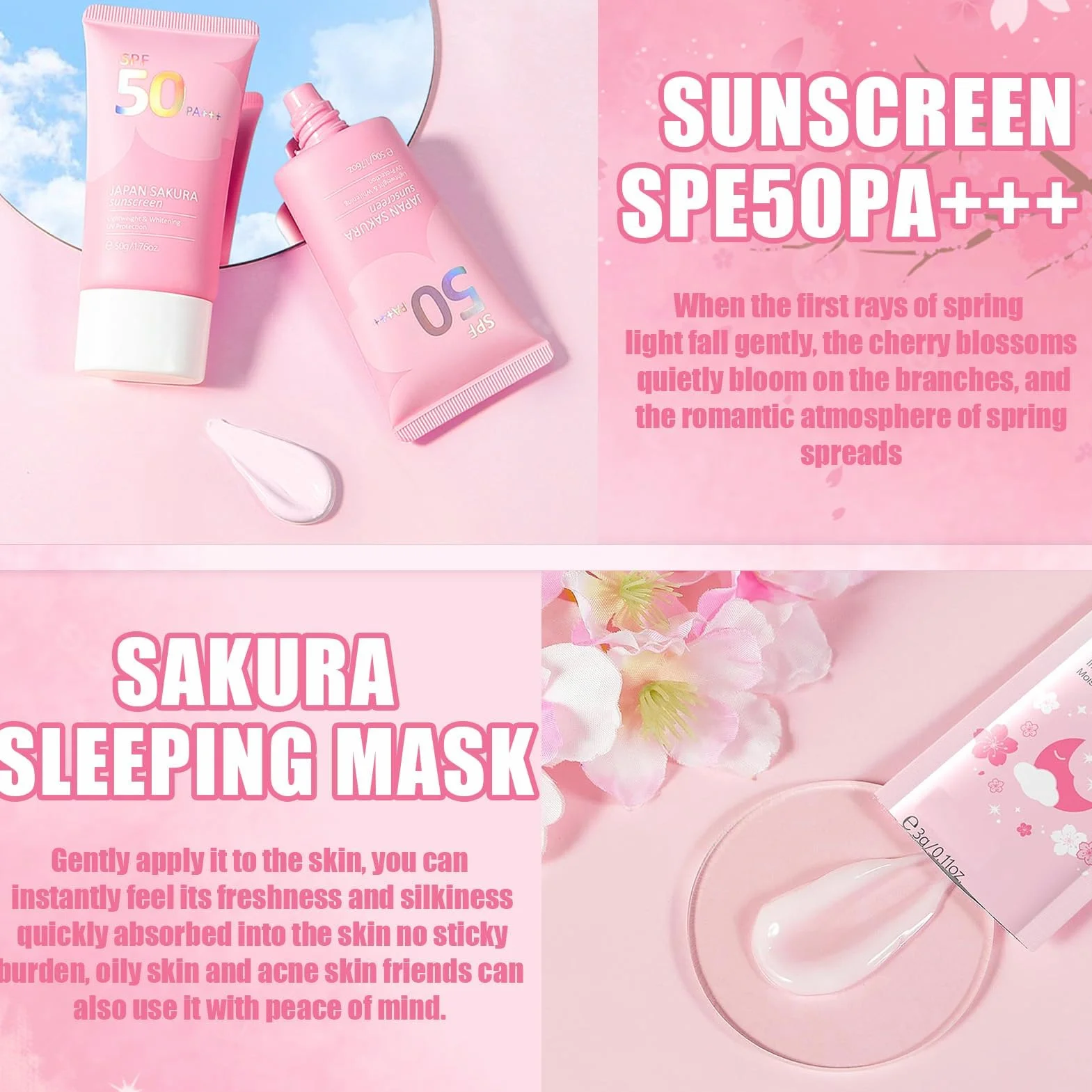 Kit per la Cura della Pelle Sakura 11 Pezzi,Include Fascia skincare, Spazzola per il viso,Pulizia,Crema solare 50,Essenza,Crema,Maschera per la notte (x5),Sakura Skincare Set per Ragazze Donne