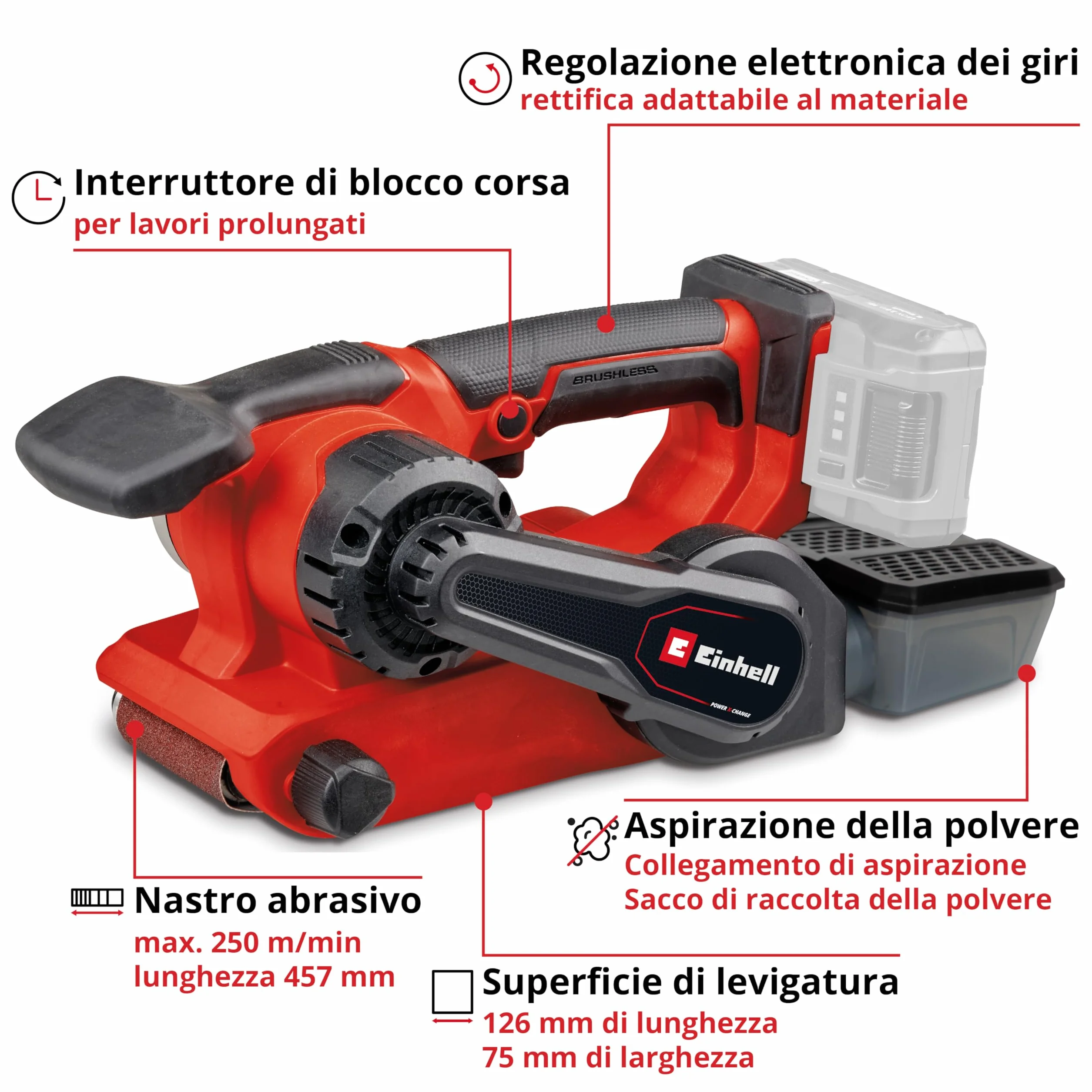 Levigatrice a batteria TP-BS 18/457 Li BL-Solo Power X-Change Einhell 18 V Brushless 3 nastri abrasivi 457x75 mm
