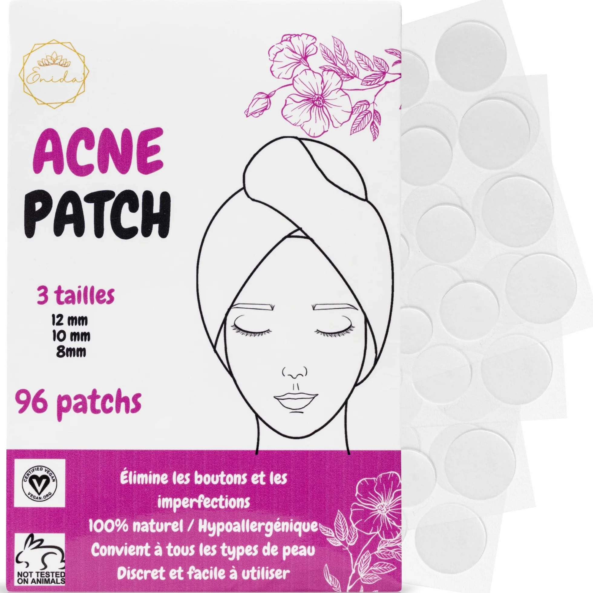 Enida – 96 patch anti-brufoli invisibili | 3 misure | azione mirata in una notte | patch idrocolloidi per acne | Cura viso discreta per adolescenti e adulti, senza profumo + eBook di bellezza in