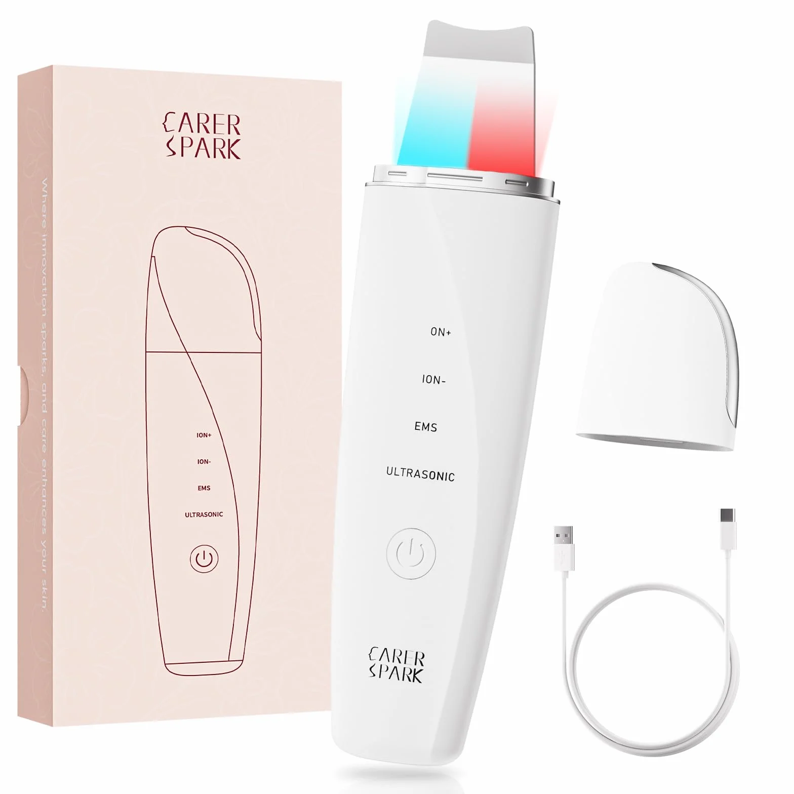CARER SPARK Peeling Ultrasonico Facial – Spatola Viso a Ultrasuoni EMS Ioni Luce Rossa e Blu 4 Modalità per Pulizia Profonda Rimozione Comedoni Esfoliazione Delicata