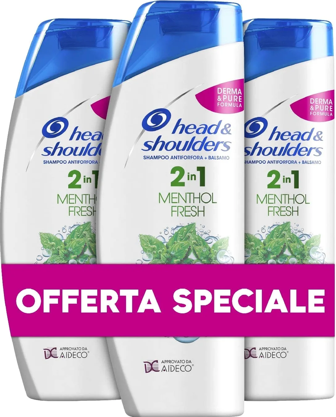 Head & Shoulders Shampoo antiforfora Menthol Fresh 2 in 1 Shampoo e Balsamo, Confezione da 3 x 540 ml, per Capelli Grassi, Fino a 72 Ore di Protezione