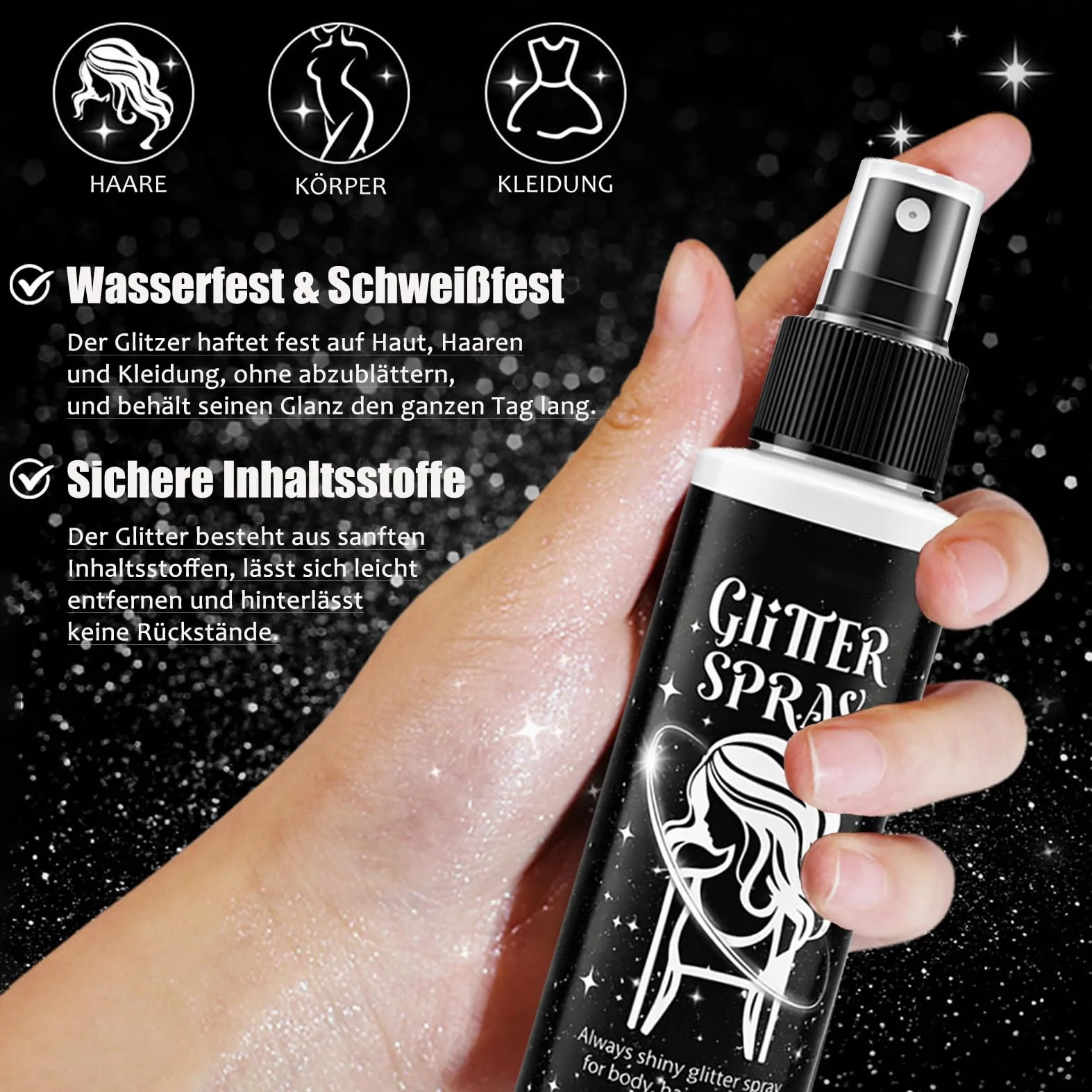 Spray glitter argento, glitter spray per capelli e corpo, glitter per viso e vestiti, body glitter spray con nebbia ultra fine, accessori per festival ad asciugatura rapida per Halloween Carnevale
