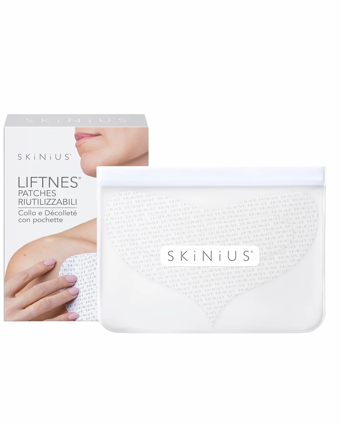 Skinius LIFTNES Patches Riutilizzabili per Collo e Décolleté con Pochette Waterproof - Patch in Silicone Morbidi ed Ergonomici - Wearable Beauty Anti-Spreco - Riutilizzabili