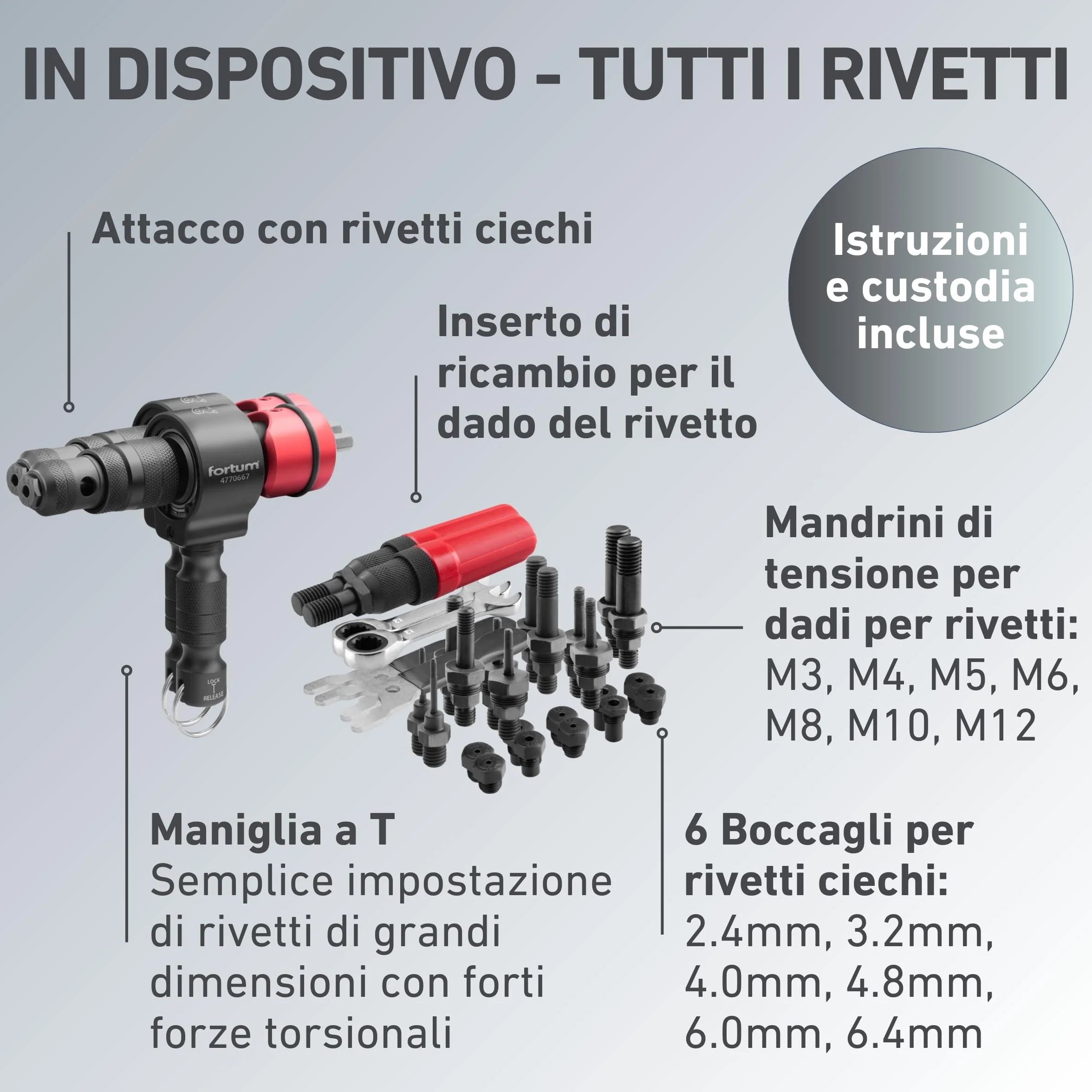 Rivettatrice 2-in-1 per avvitatrice a batteria e trapano - Rivetti ciechi 2,4-6,4mm inserti M3-M12 alluminio acciaio inox