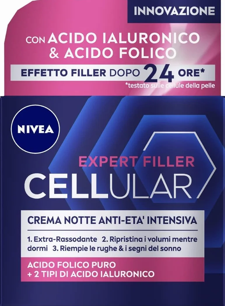NIVEA CELLULAR EXPERT FILLER Crema Notte Anti-Età Intensiva SPF 15 50ml, Crema viso antirughe rassodante, Crema viso Acido Ialuronico e Acido Folico Puro, Crema viso notte anti-age