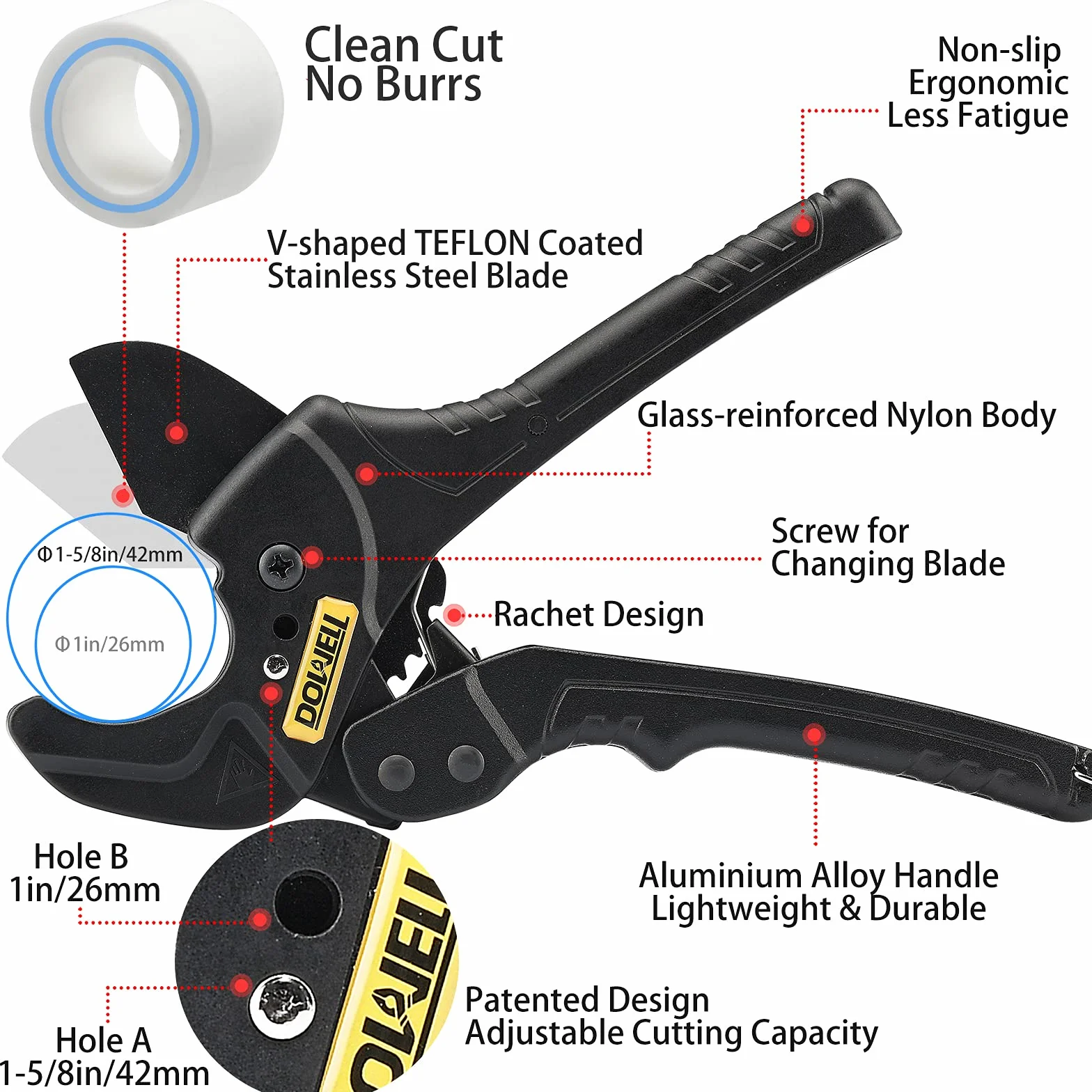 DOWELL PVC Tubo Cutter Ratchet Heavy Duty Teflon Rivestito Lama Acciaio Inox Regolabile 1-5/8 pollici 42mm