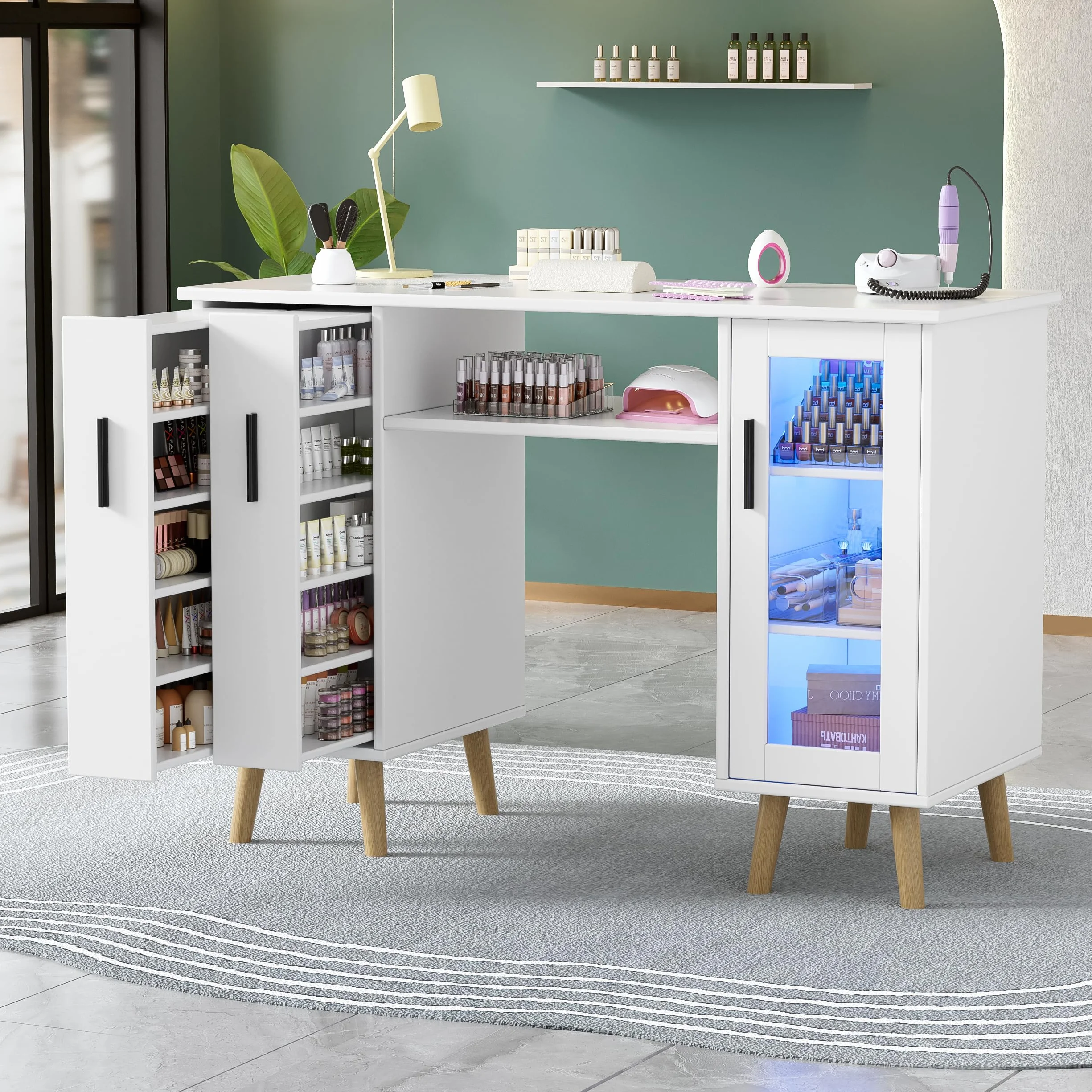 Tavolo per Onicotecnica,Tavolino Professionale per Unghie in Legno con 2 Armadietti Verticali Estraibili,Mobiletto a 3 Ripiani di Grande Capacità,Luci LED Regolabili per Salone di Bellezza,108*45*76cm