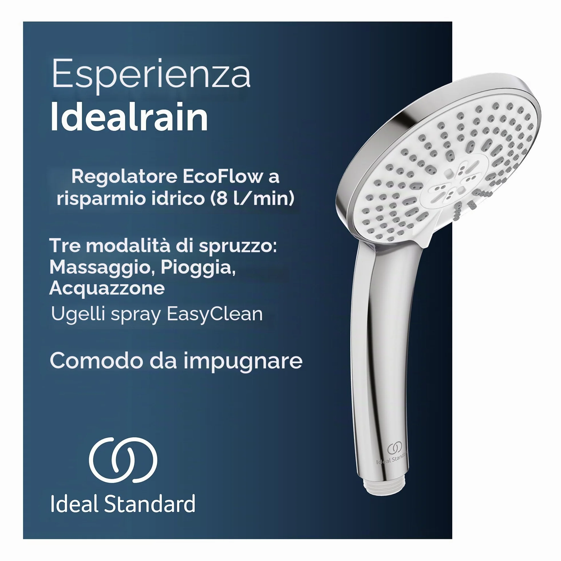 Ideal Standard Idealrain Doccia Multifunzione Soffione Doccia a Risparmio Idrico 3 Tipi Getto Cromato Ø 10 cm