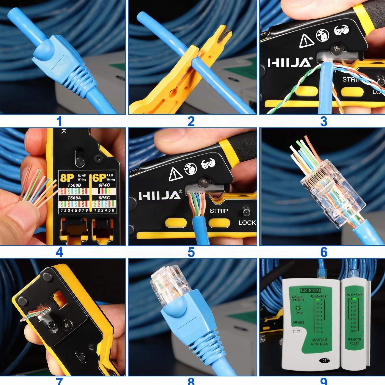 Pinza Crimpatrice RJ45 Passante per Connettori Ethernet Cat6 Cat5 Cat5e con Tester Cavi di Rete 50 Connettori RJ45 50 Coperture RJ45